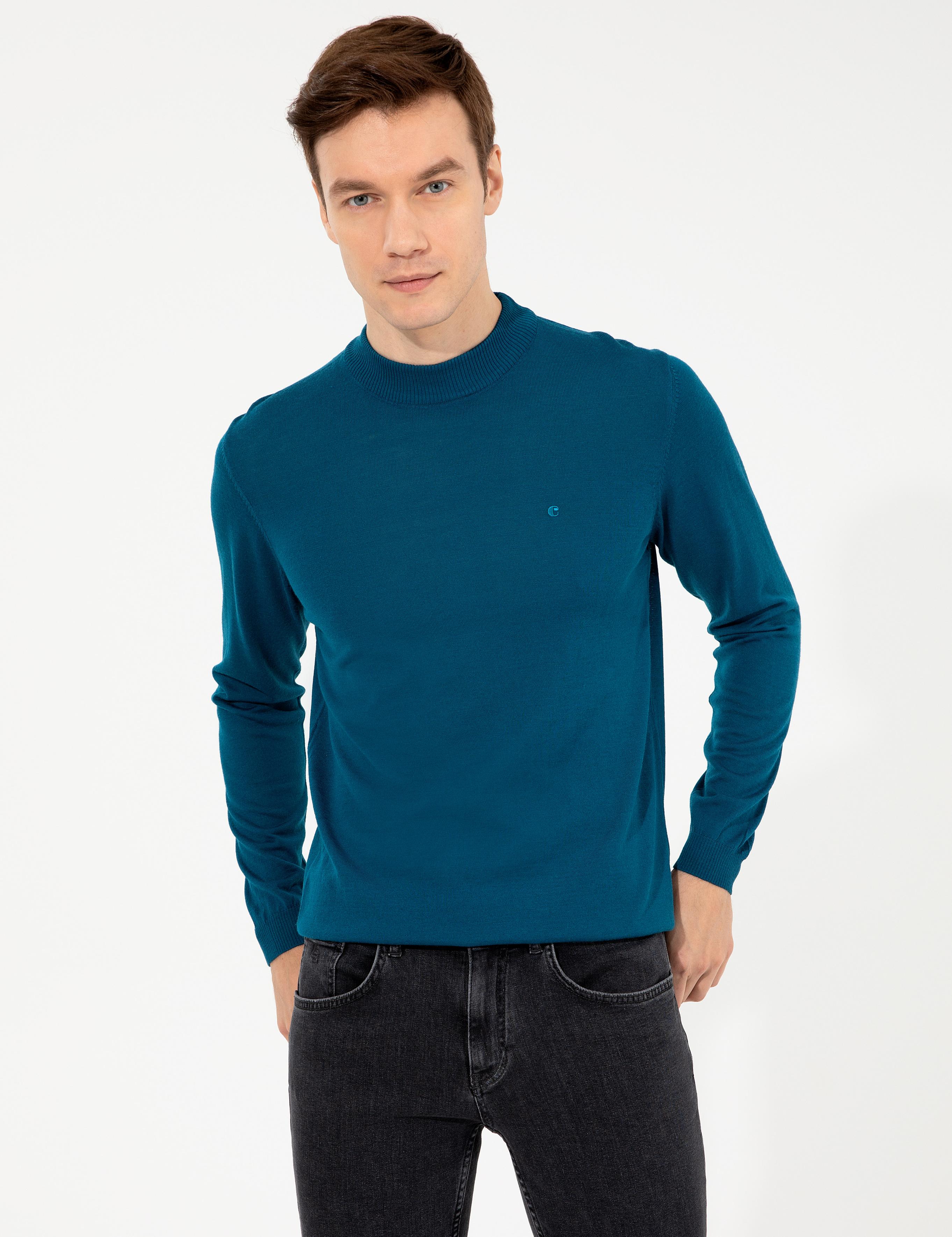 Petrol Slim Fit Çeyrek Balıkçı Yaka Basic Triko Kazak - 50257712104