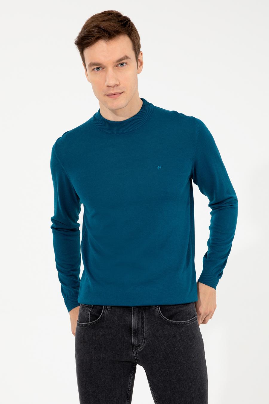 Petrol Slim Fit Çeyrek Balıkçı Yaka Basic Triko Kazak - 50257712104