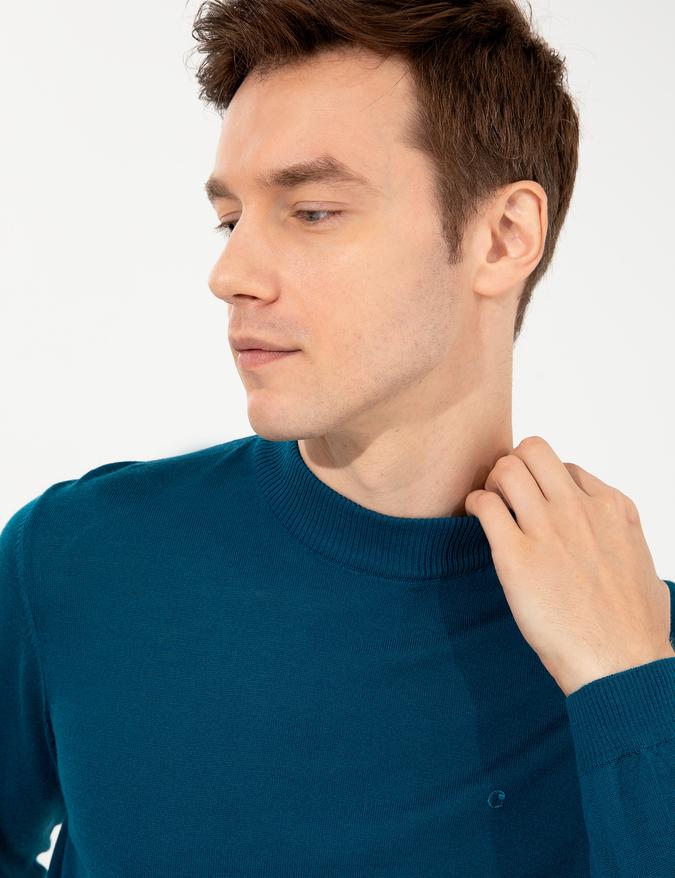 Petrol Slim Fit Çeyrek Balıkçı Yaka Basic Triko Kazak