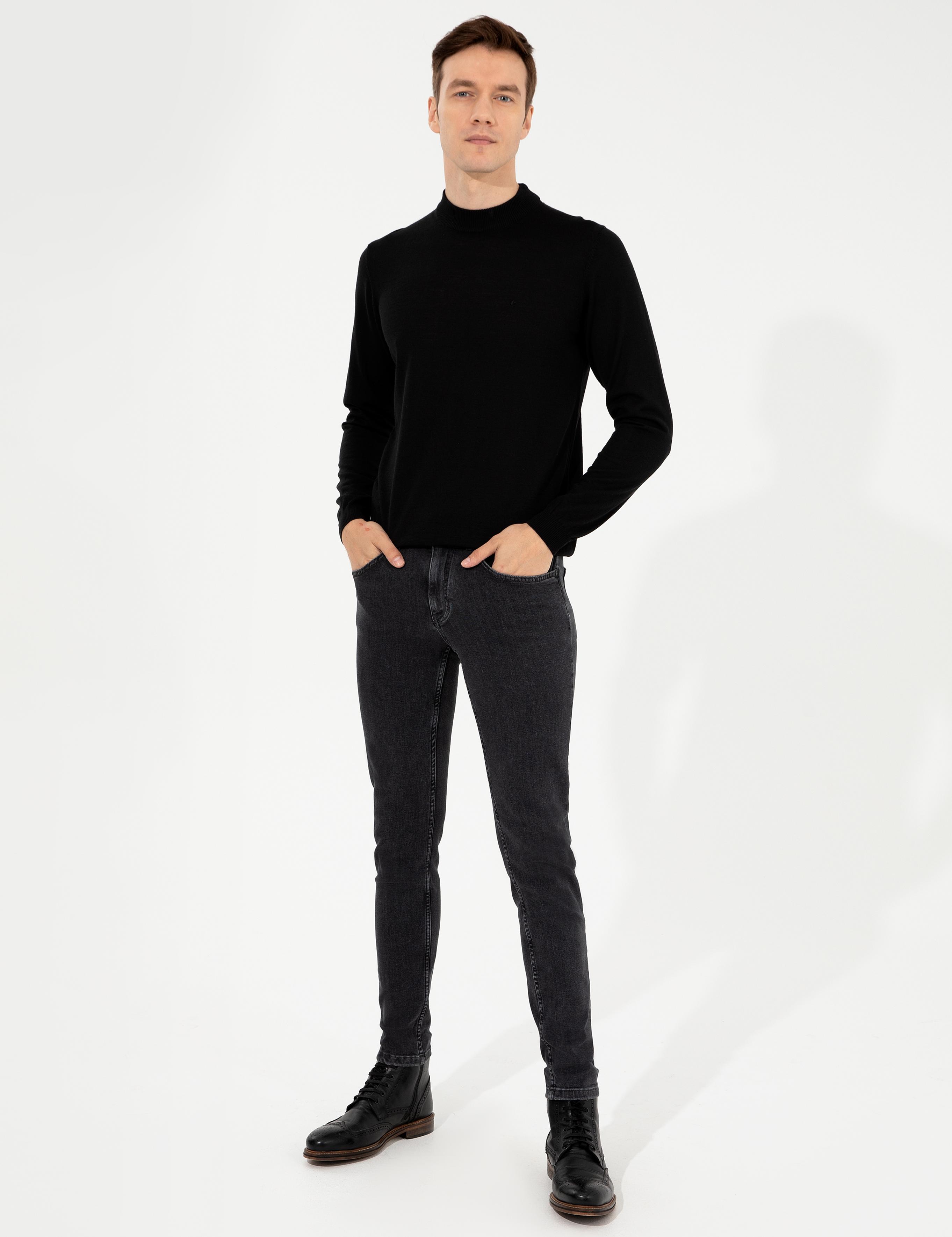 Siyah Slim Fit Çeyrek Balıkçı Yaka Basic Triko Kazak - 50257712093