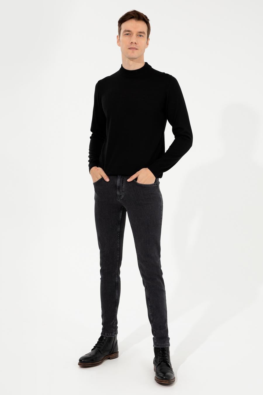 Siyah Slim Fit Çeyrek Balıkçı Yaka Basic Triko Kazak - 50257712093