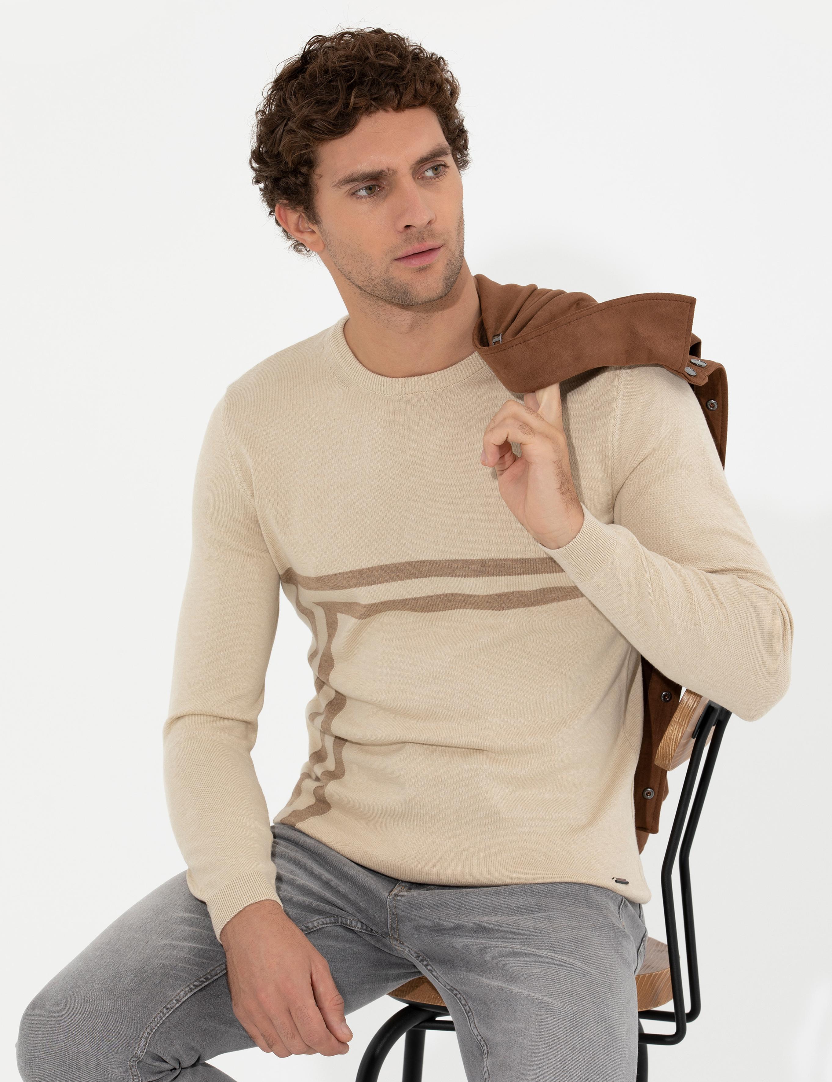 Ekru Slim Fit Pamuk Karışımlı Bisiklet Yaka Triko Kazak - 50259333058