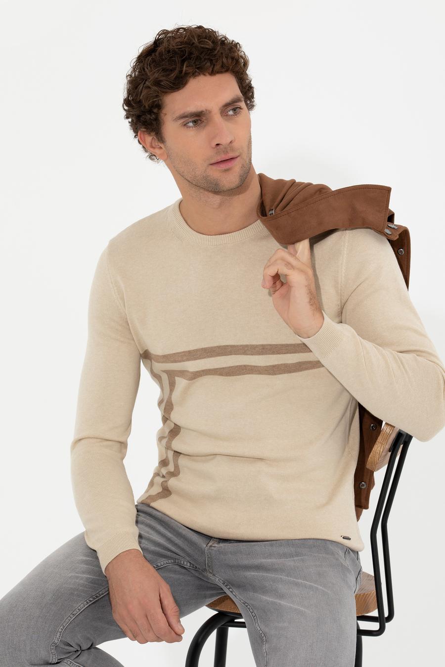 Ekru Slim Fit Pamuk Karışımlı Bisiklet Yaka Triko Kazak - 50259333058