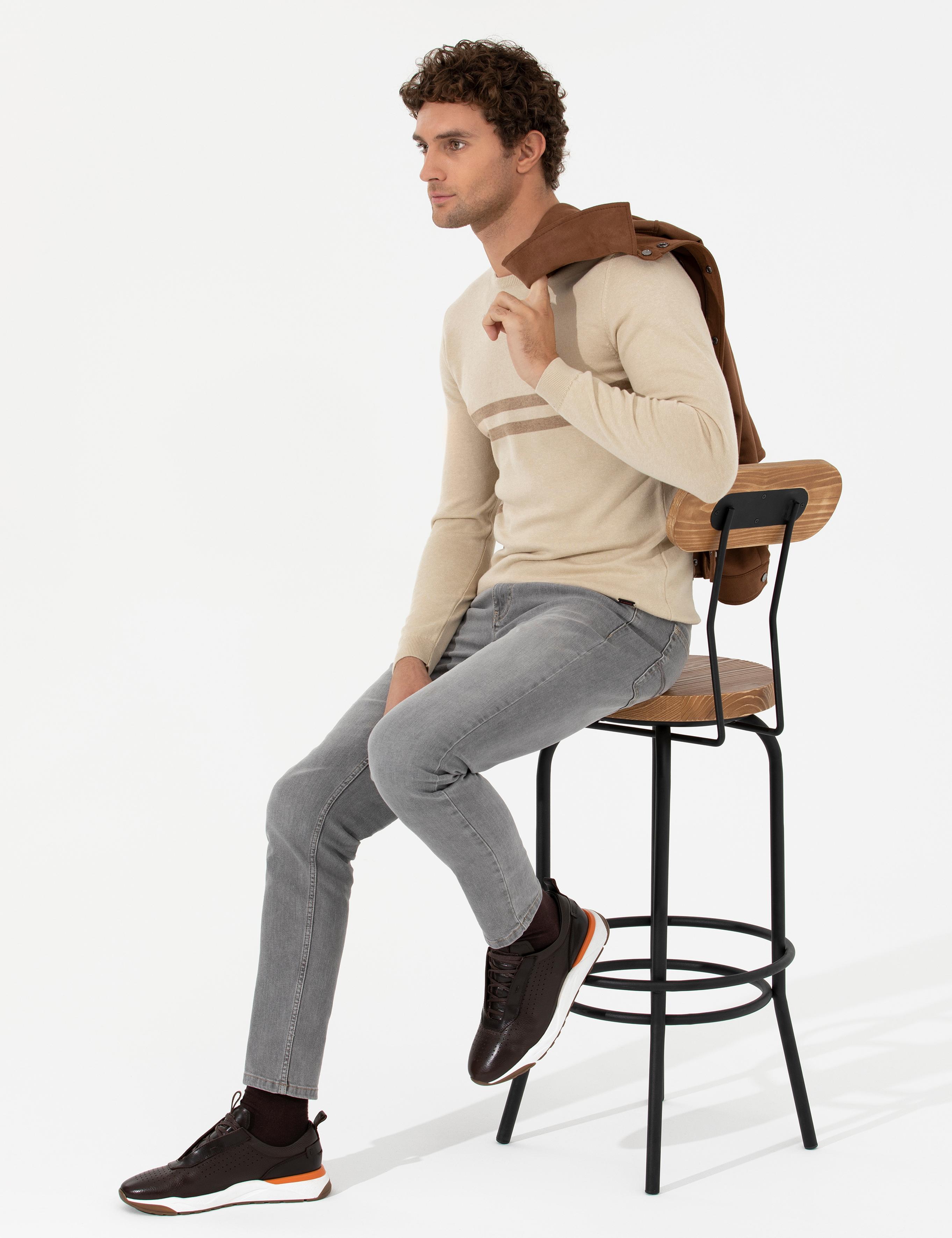 Ekru Slim Fit Pamuk Karışımlı Bisiklet Yaka Triko Kazak - 50259333058