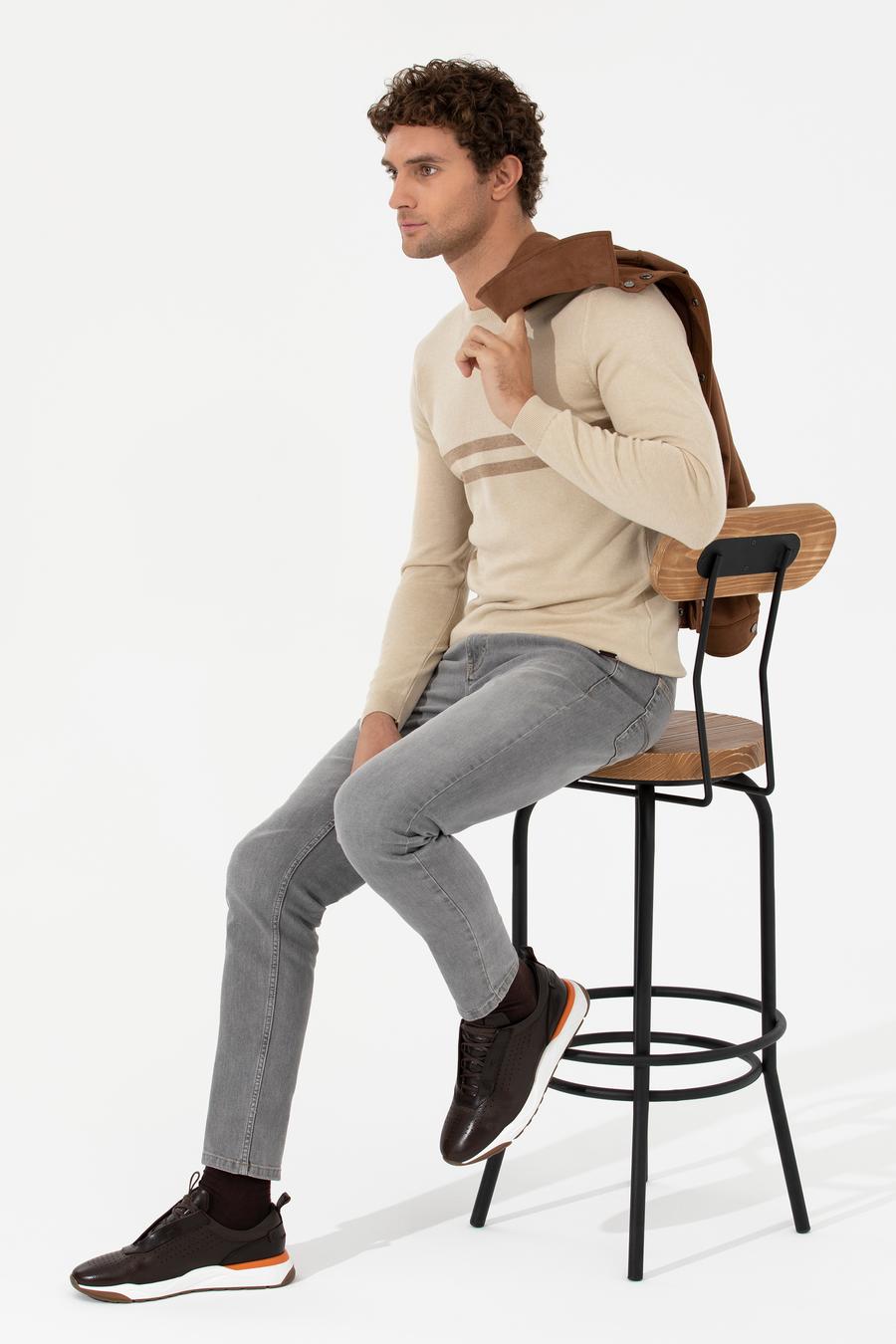 Ekru Slim Fit Pamuk Karışımlı Bisiklet Yaka Triko Kazak - 50259333058