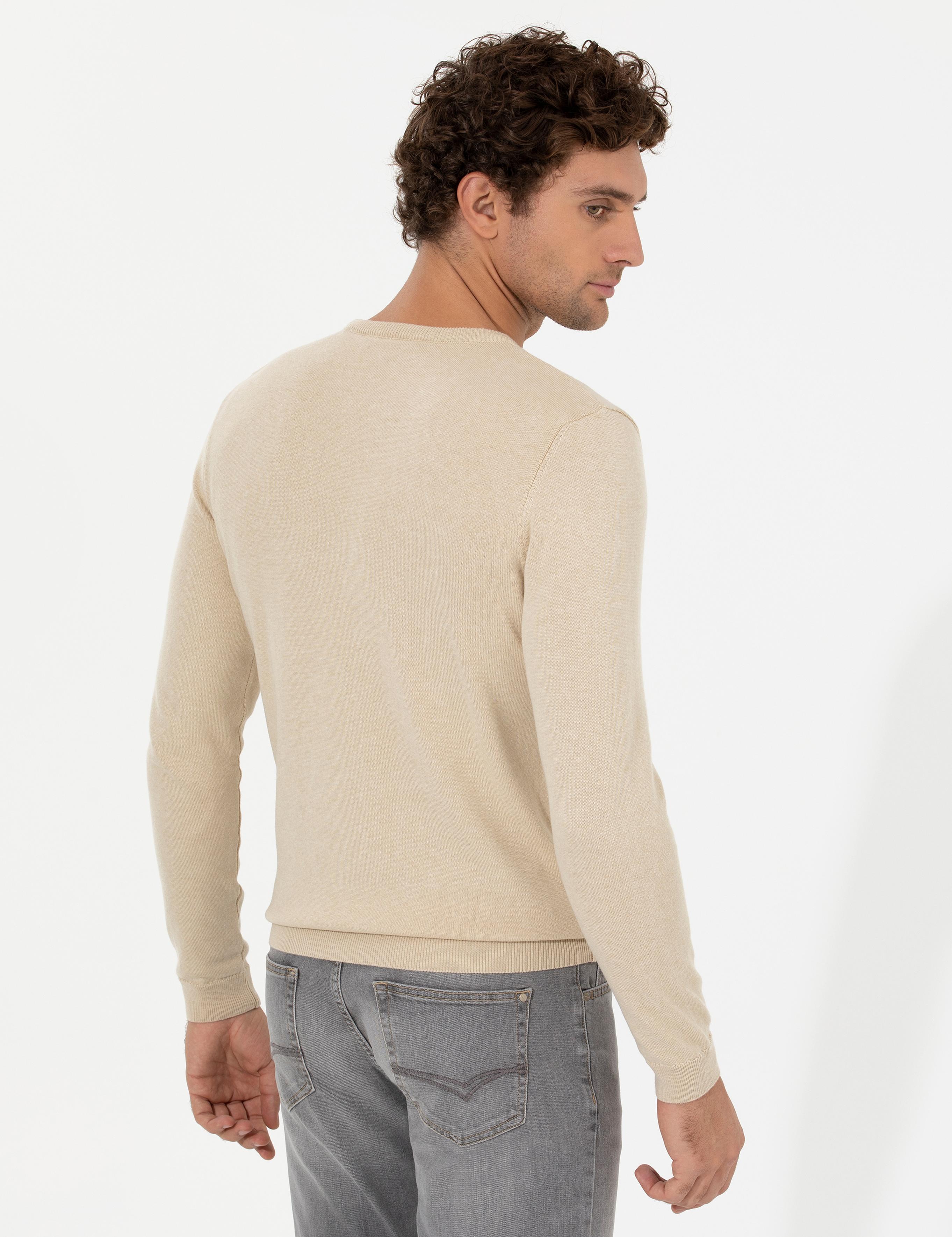 Ekru Slim Fit Pamuk Karışımlı Bisiklet Yaka Triko Kazak - 50259333058