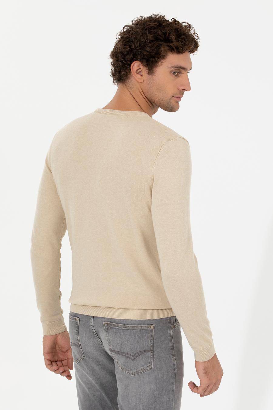 Ekru Slim Fit Pamuk Karışımlı Bisiklet Yaka Triko Kazak - 50259333058
