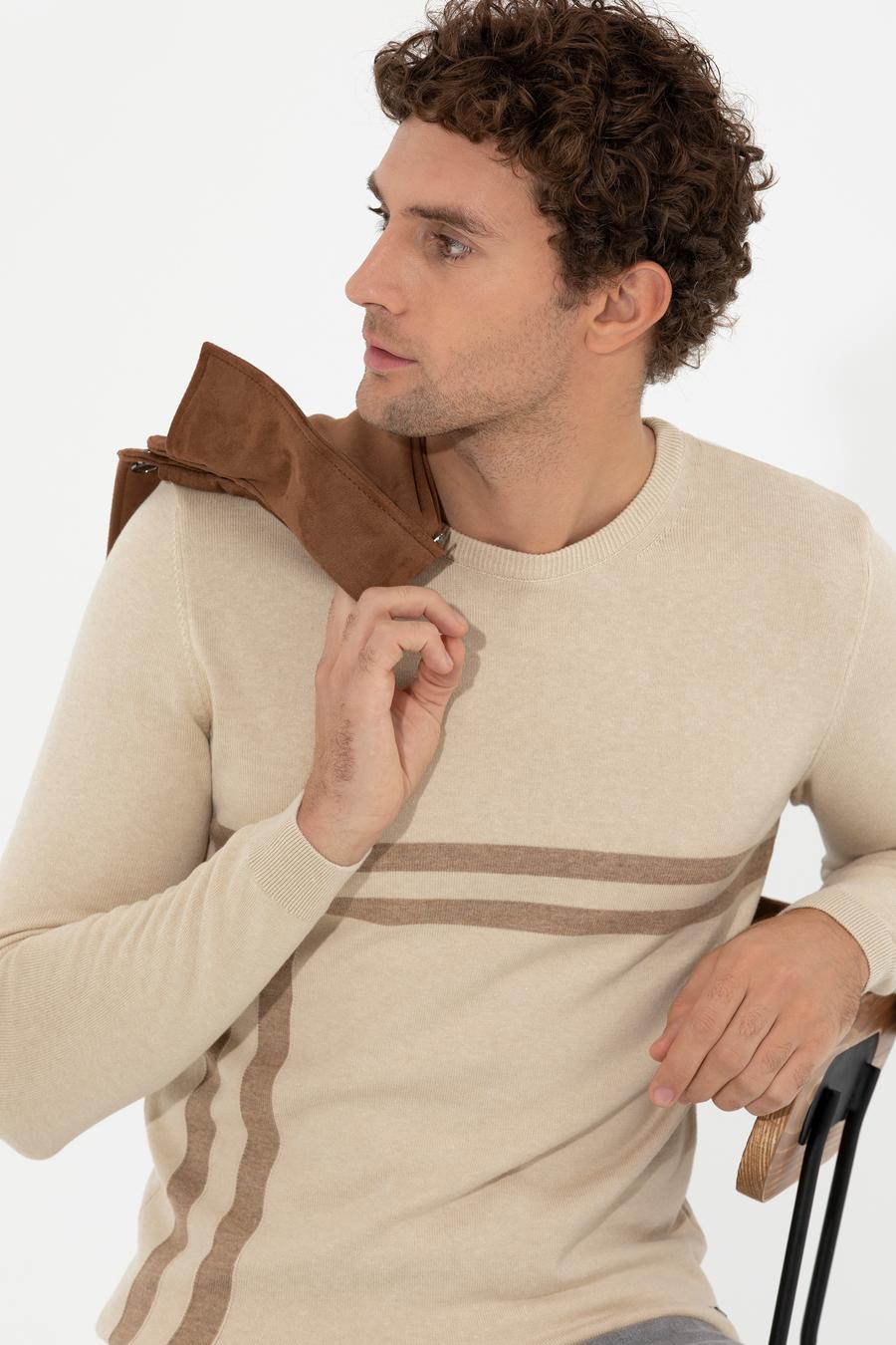Ekru Slim Fit Pamuk Karışımlı Bisiklet Yaka Triko Kazak - 50259333058