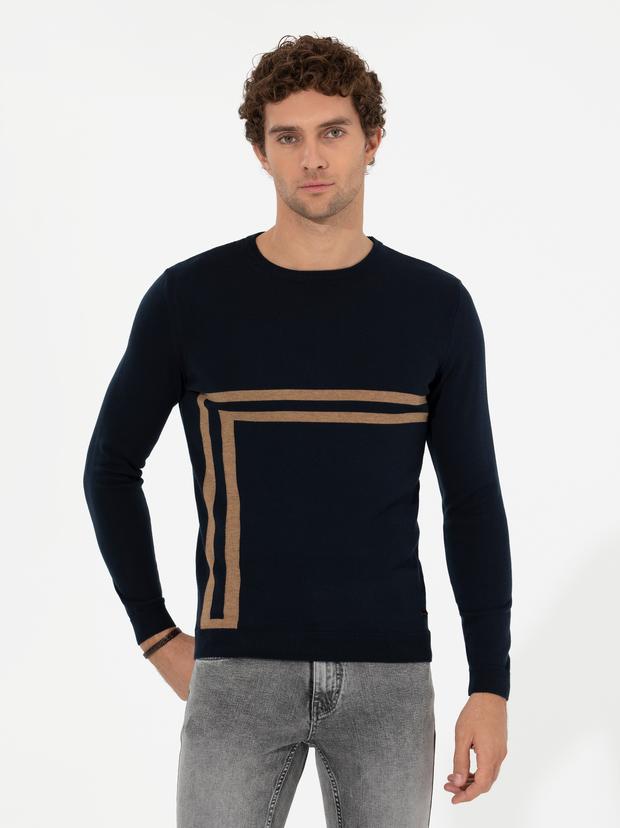 Lacivert Slim Fit Pamuk Karışımlı Bisiklet Yaka Triko Kazak