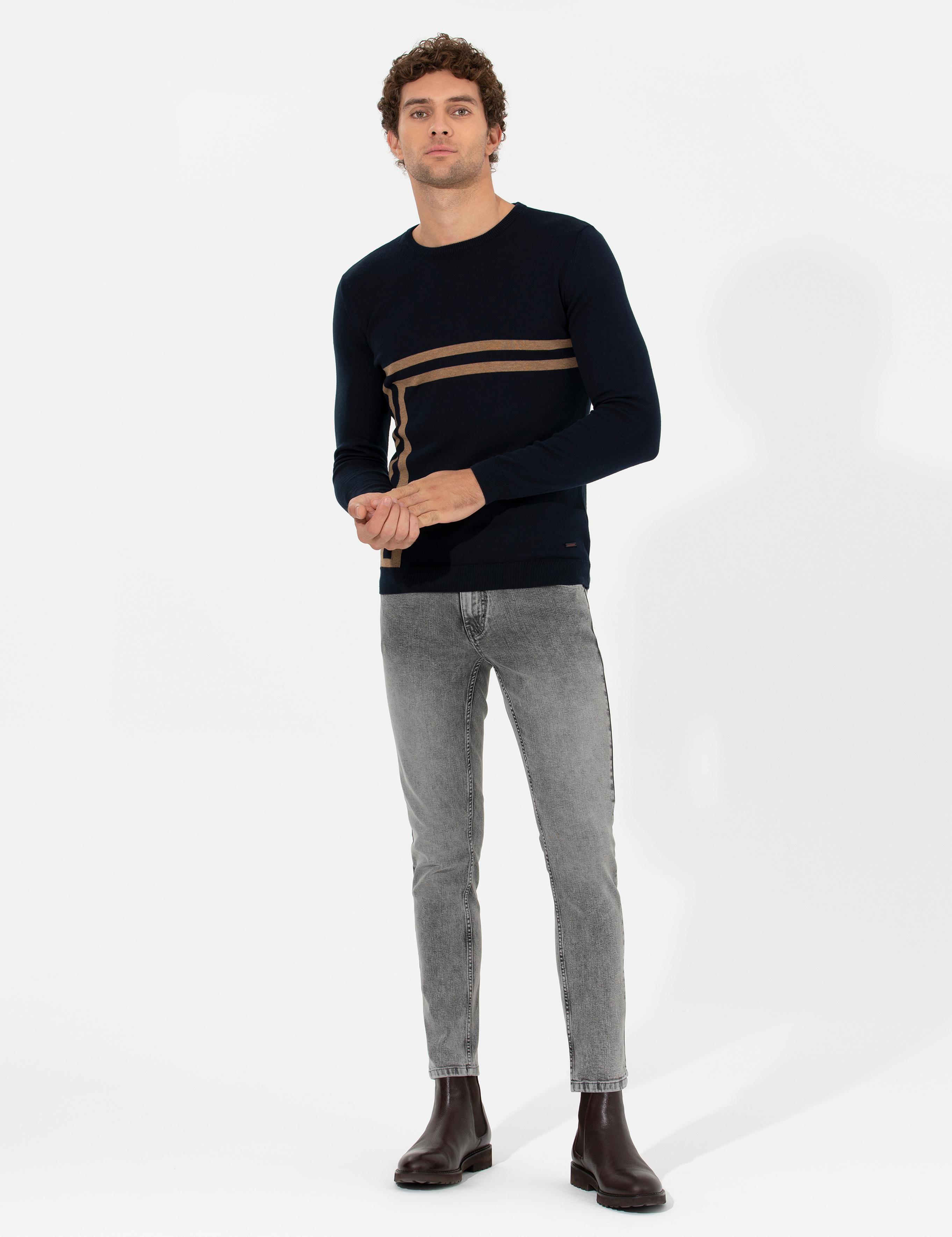 Lacivert Slim Fit Pamuk Karışımlı Bisiklet Yaka Triko Kazak - 50259333068