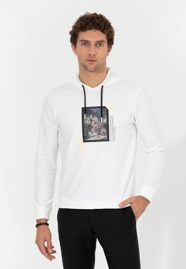 Beyaz Pamuk Karışımlı Kapüşonlu Baskılı Sweatshirt