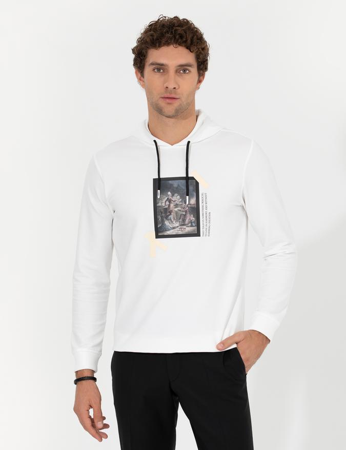 Beyaz Pamuk Karışımlı Kapüşonlu Baskılı Sweatshirt