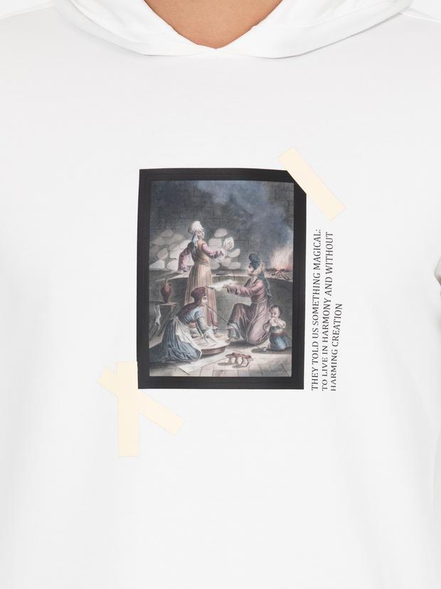 Beyaz Pamuk Karışımlı Kapüşonlu Baskılı Sweatshirt