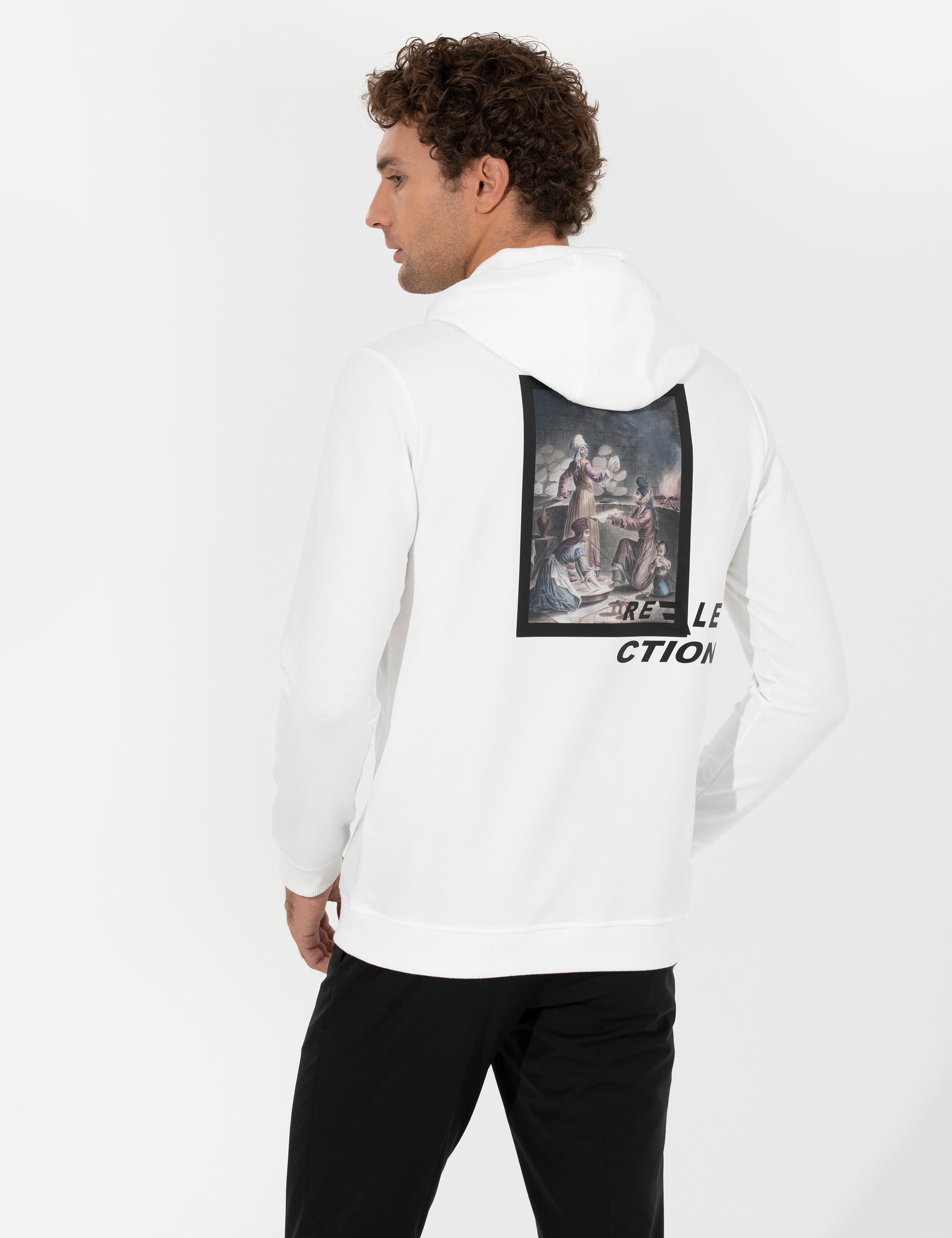 Beyaz Pamuk Karışımlı Kapüşonlu Baskılı Sweatshirt - 50256334023
