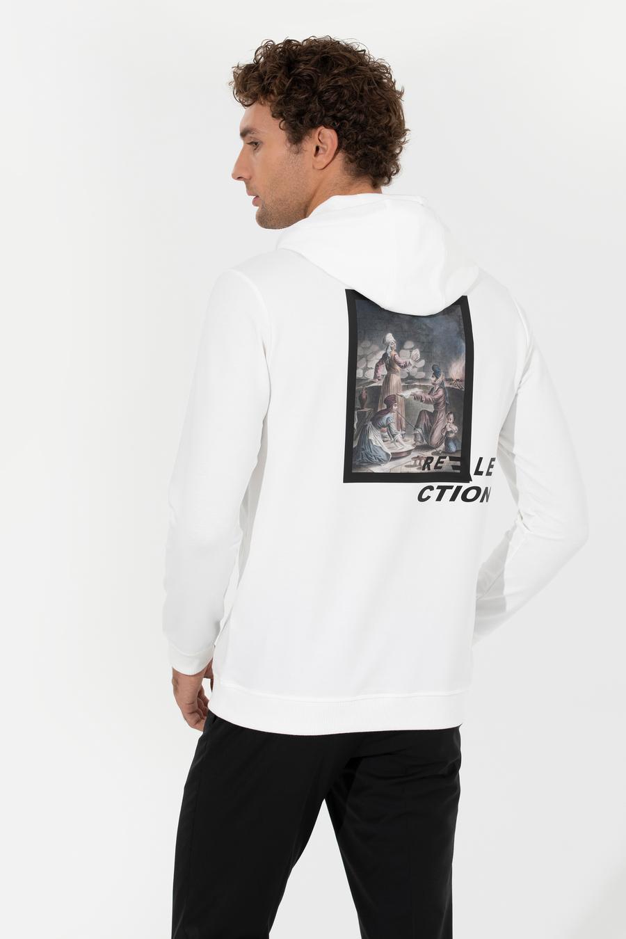 Beyaz Pamuk Karışımlı Kapüşonlu Baskılı Sweatshirt - 50256334023