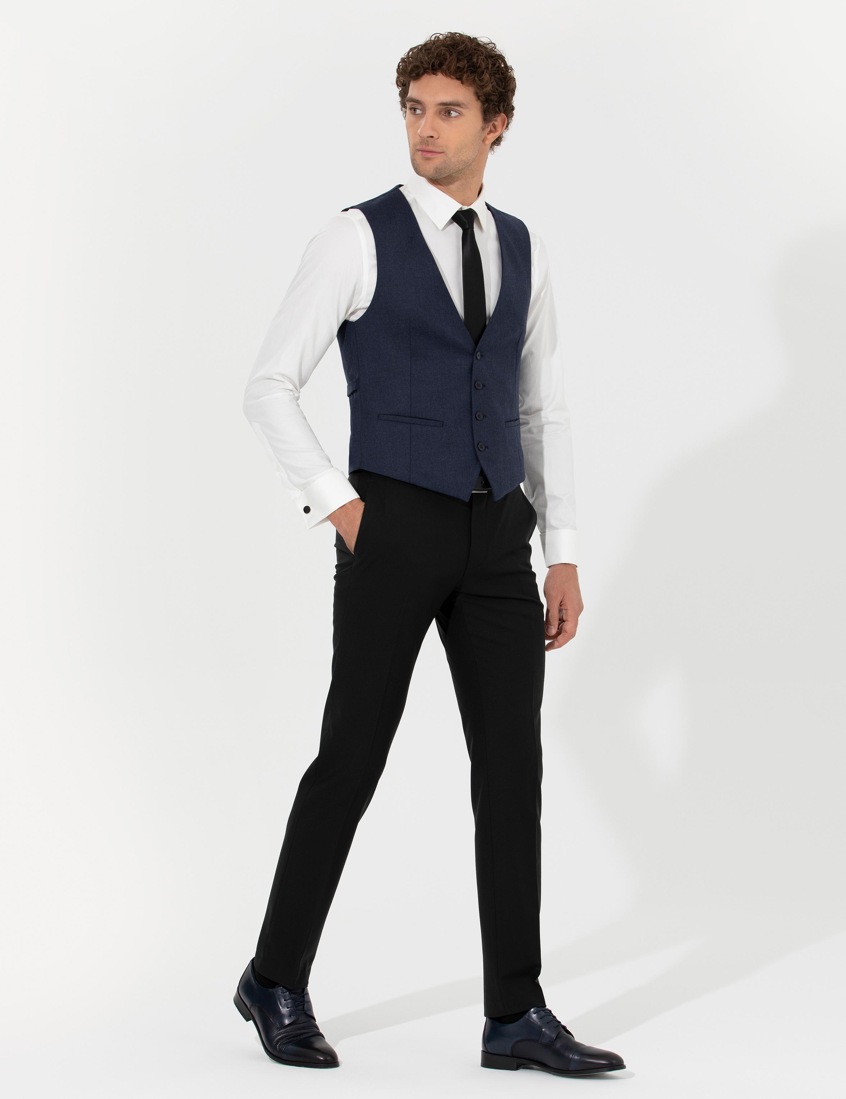Lacivert Slim Fit Yün Karışımlı Yelek - 50260062039