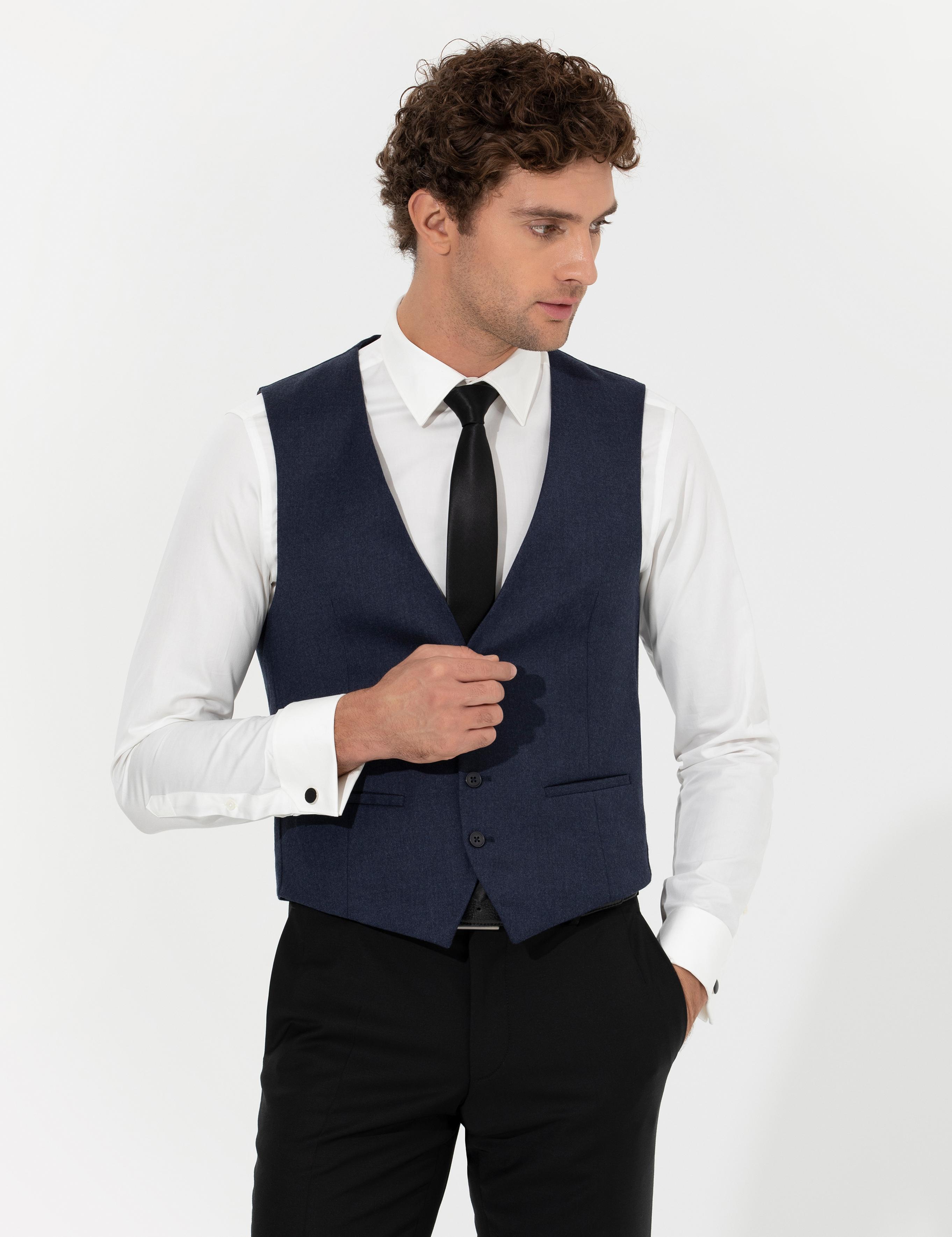 Lacivert Slim Fit Yün Karışımlı Yelek - 50260062039