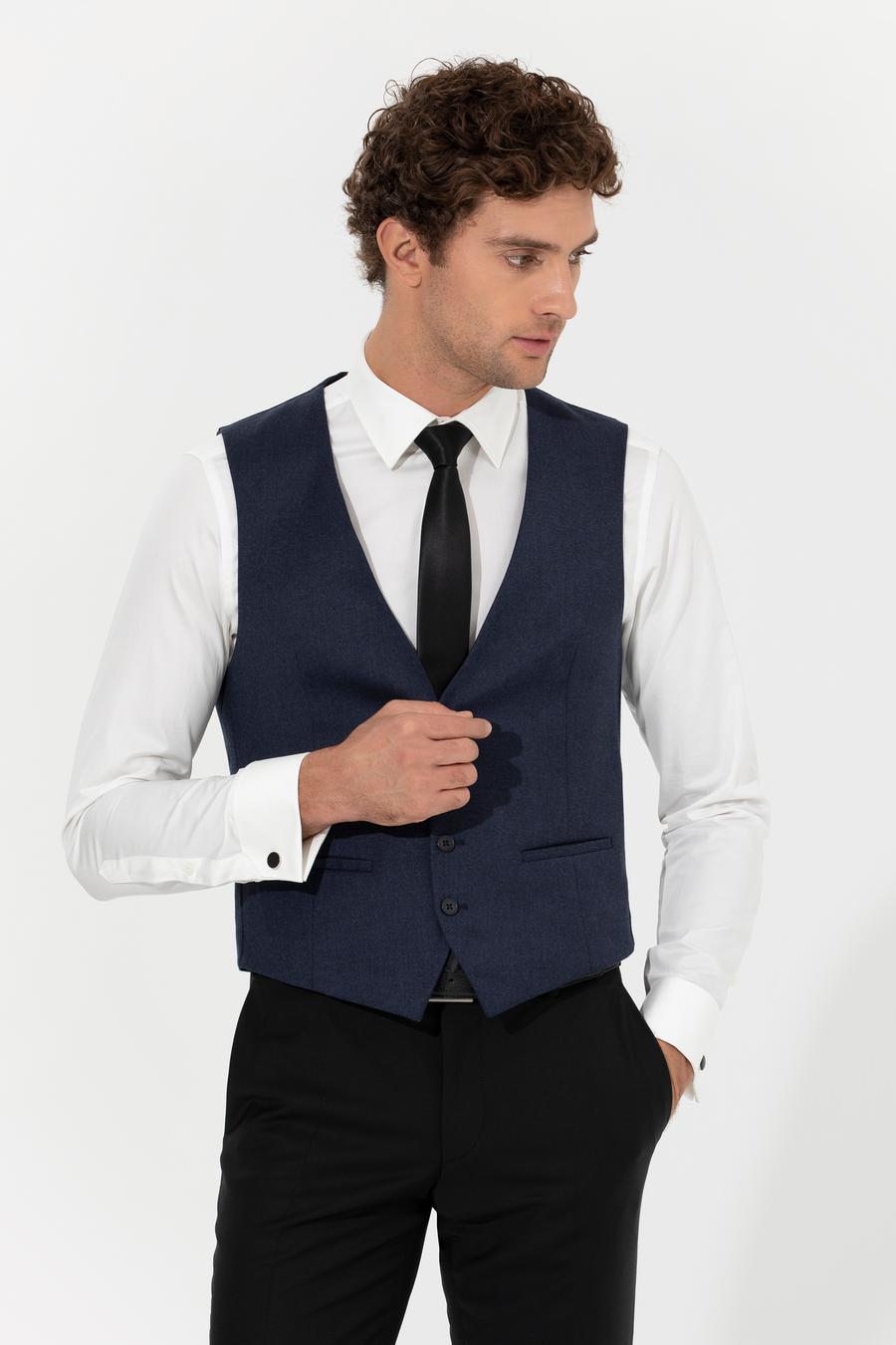 Lacivert Slim Fit Yün Karışımlı Yelek - 50260062039