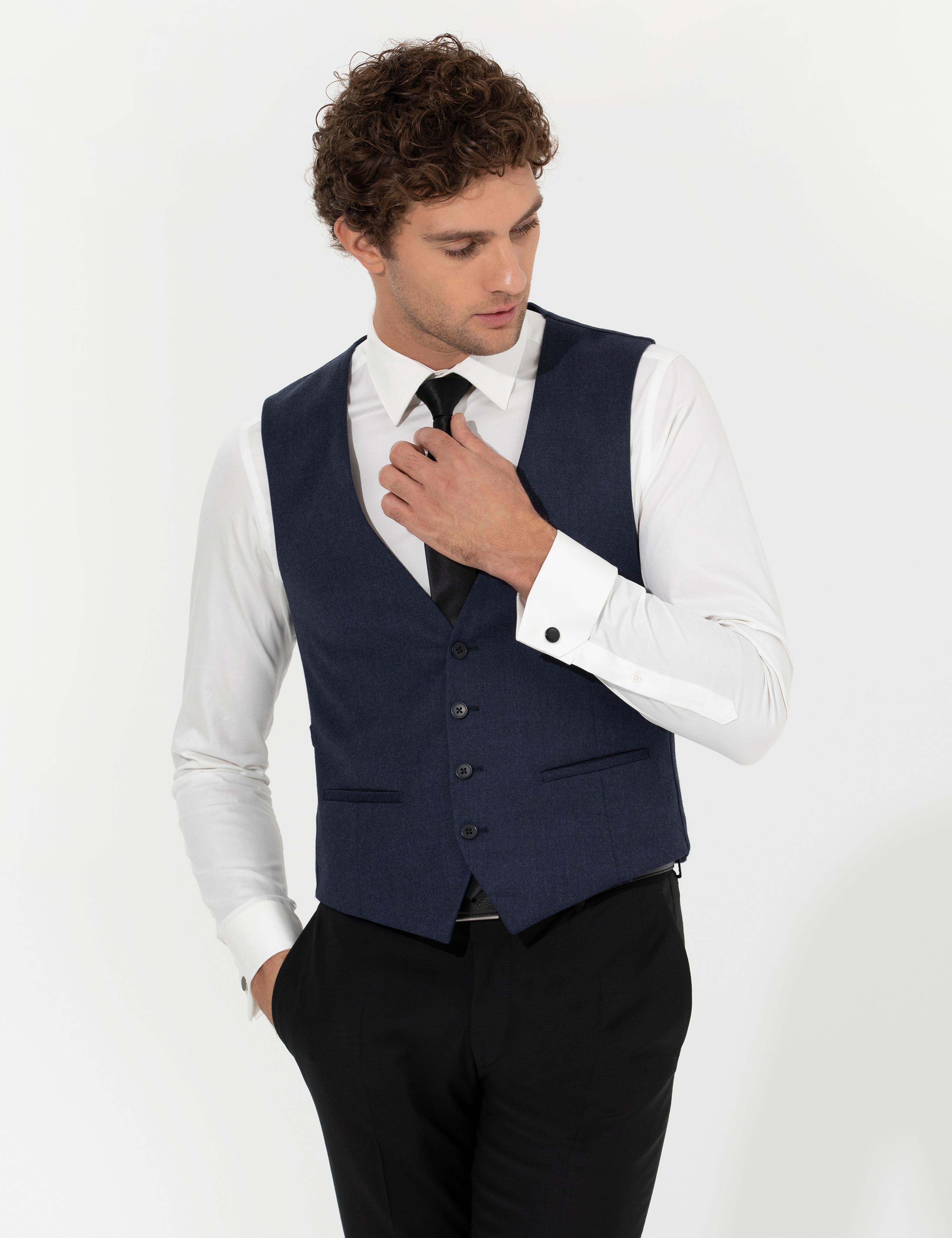 Lacivert Slim Fit Yün Karışımlı Yelek - 50260062039