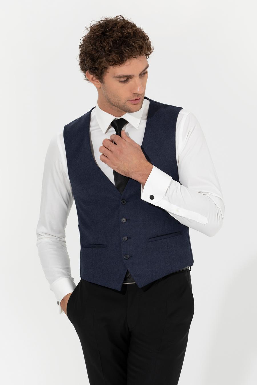 Lacivert Slim Fit Yün Karışımlı Yelek - 50260062039