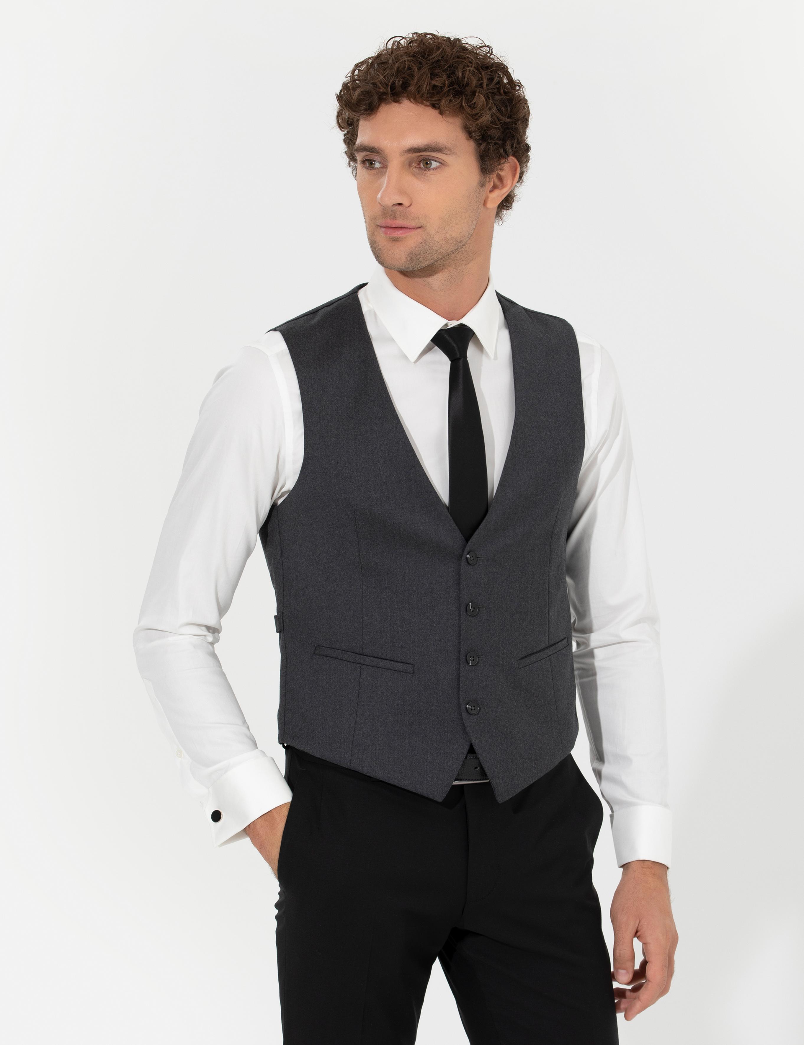 Antrasit Slim Fit Yün Karışımlı Yelek - 50260062072