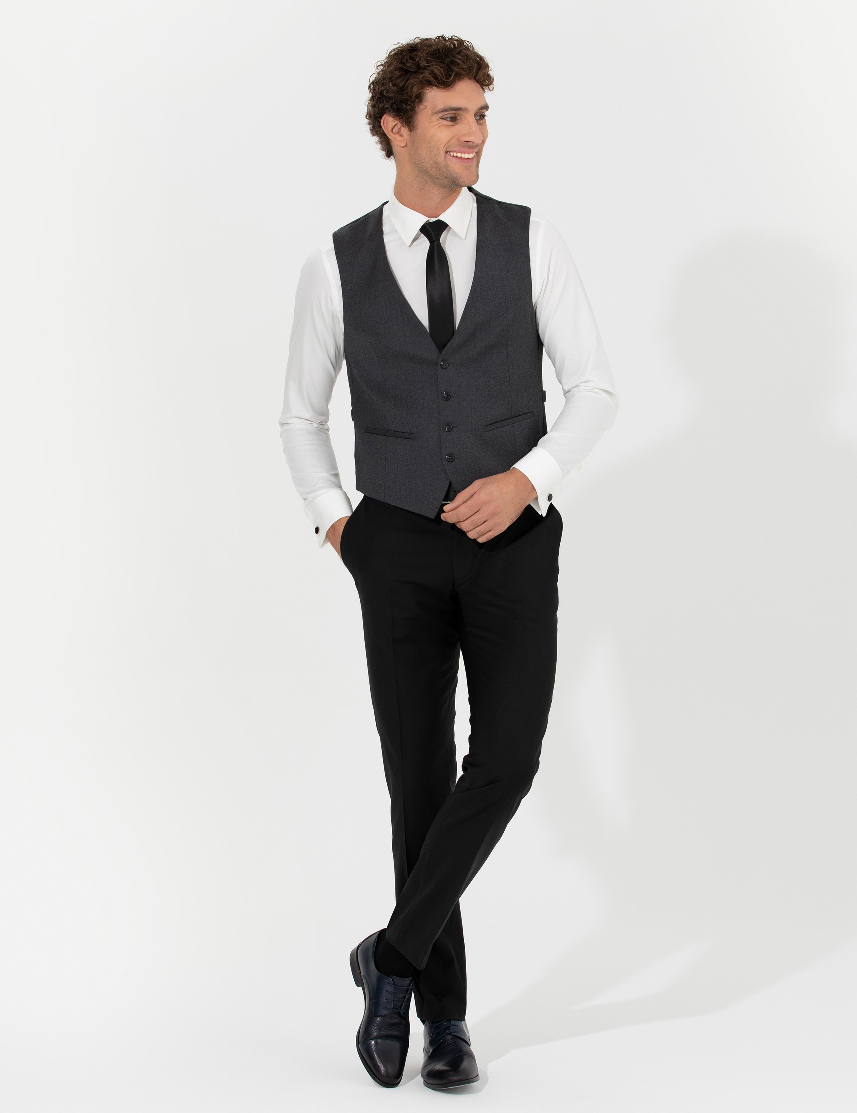 Antrasit Slim Fit Yün Karışımlı Yelek - 50260062072