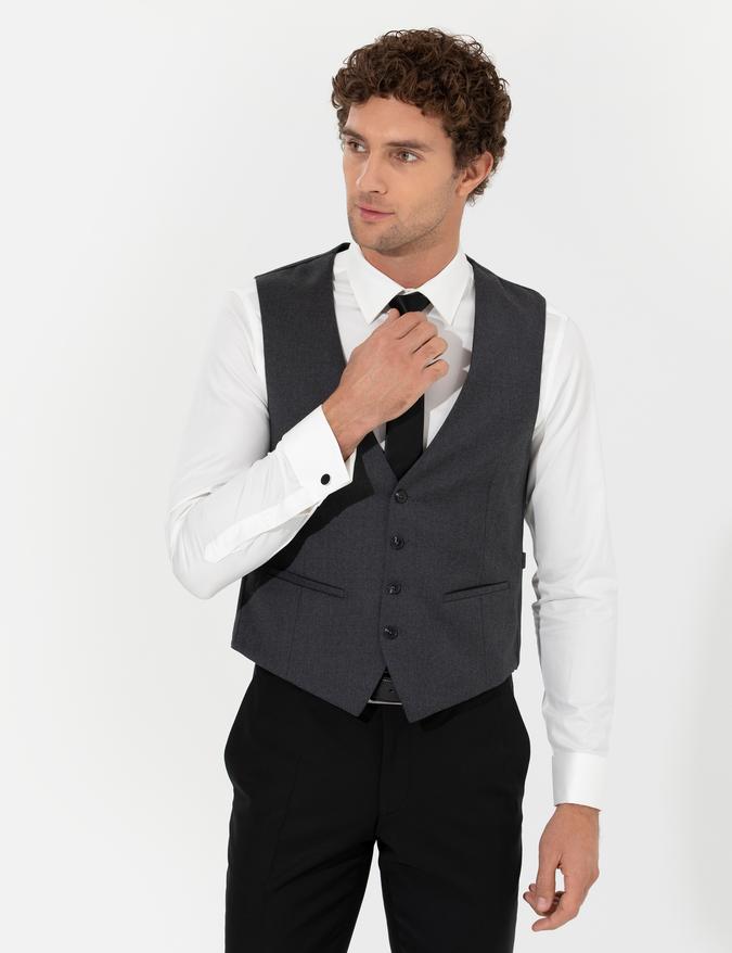 Antrasit Slim Fit Yün Karışımlı Yelek