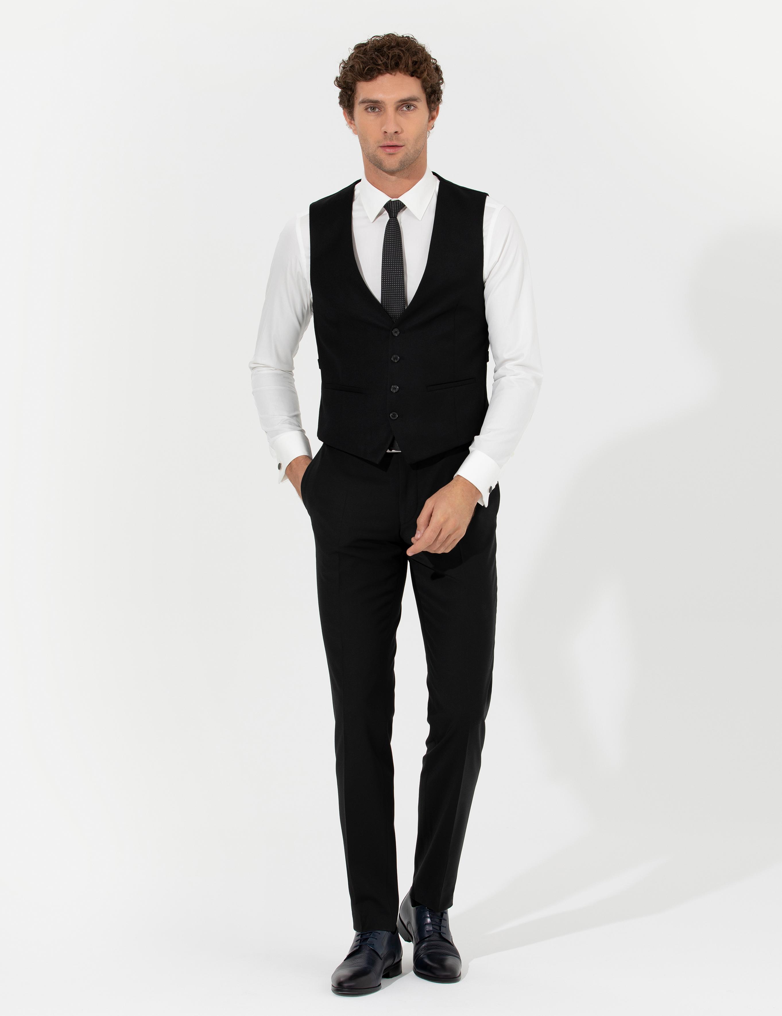 Siyah Slim Fit Yün Karışımlı Yelek - 50260062082