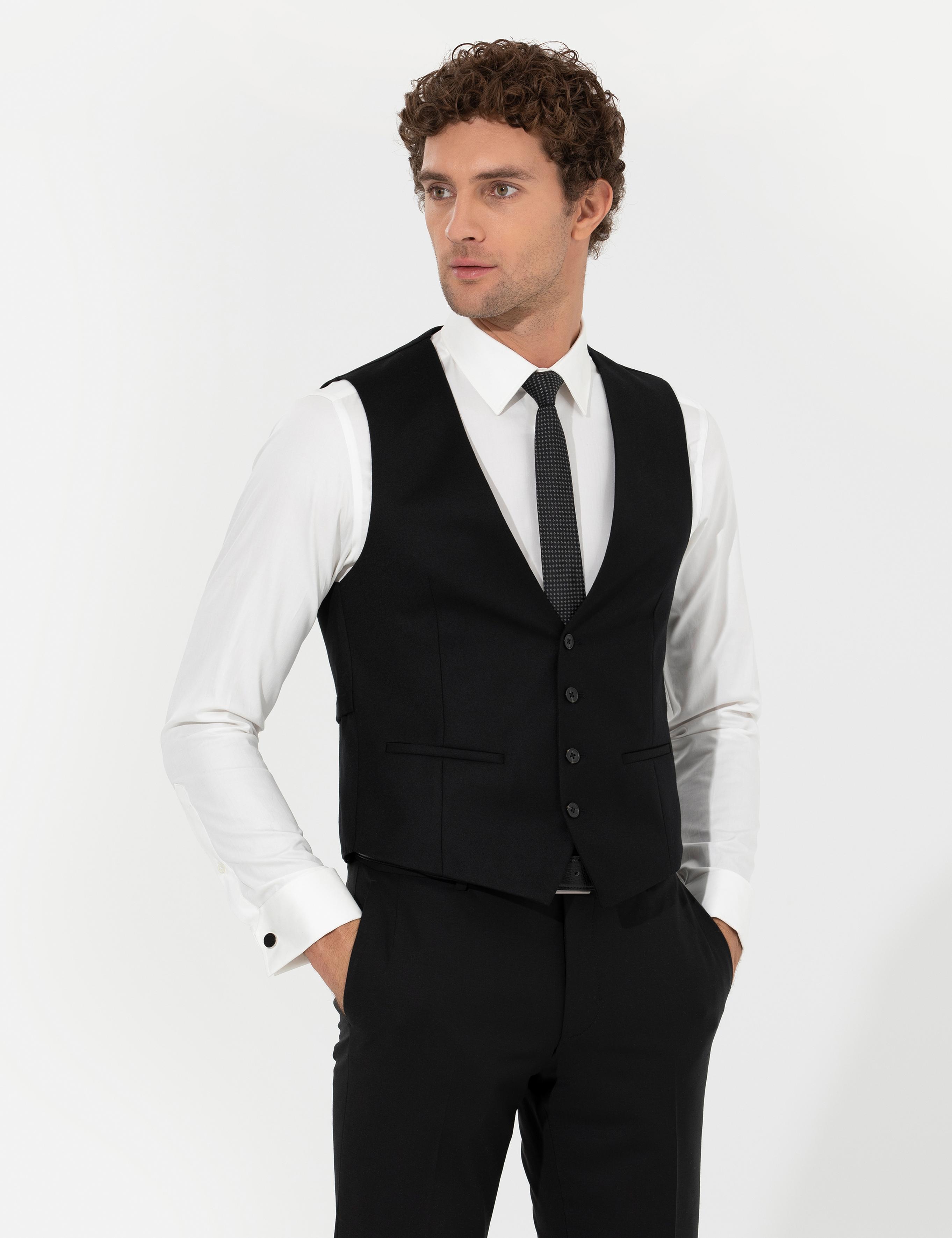 Siyah Slim Fit Yün Karışımlı Yelek - 50260062082