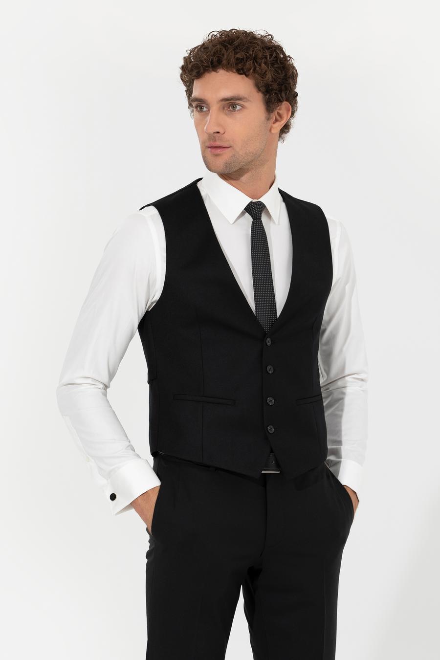 Siyah Slim Fit Yün Karışımlı Yelek - 50260062082