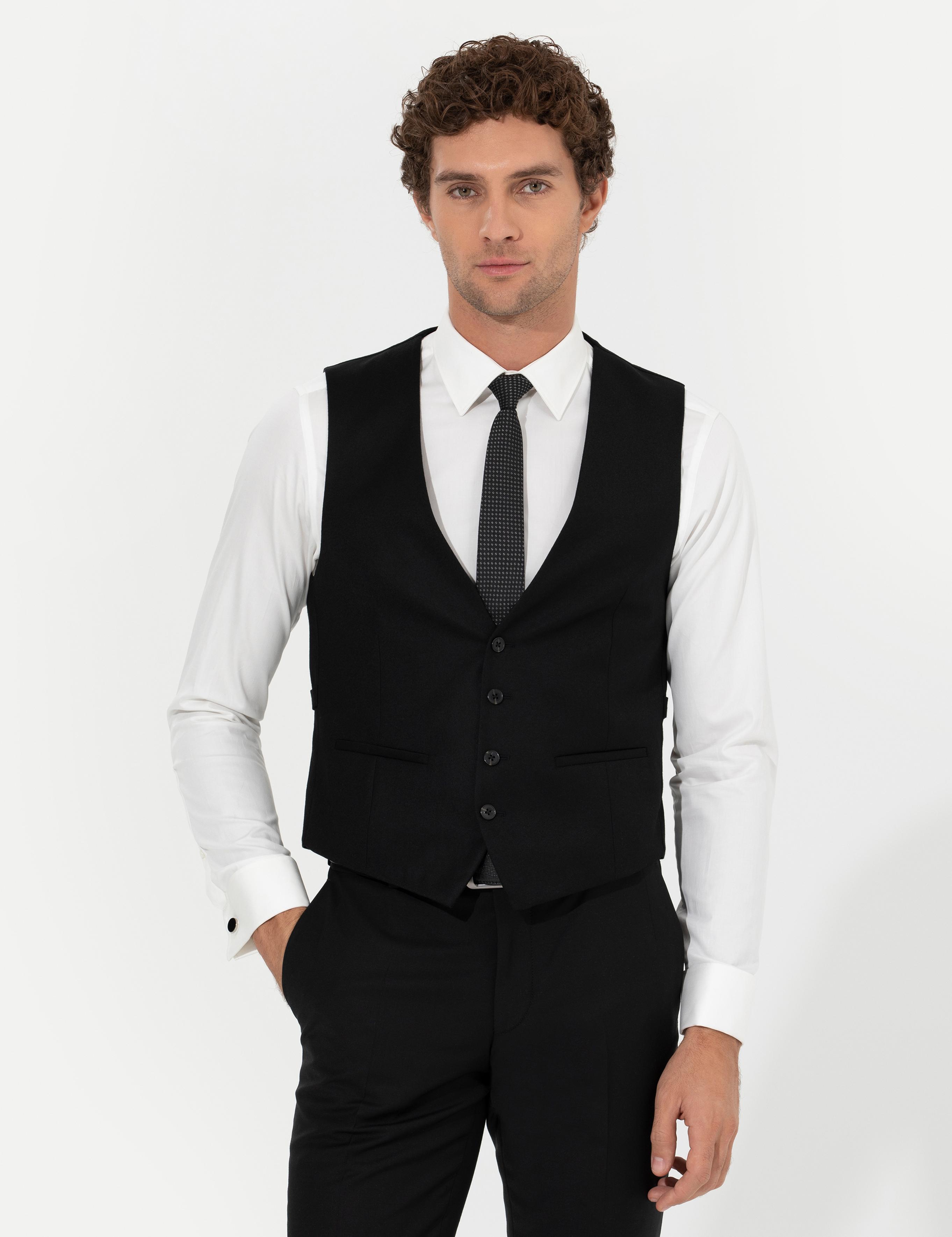 Siyah Slim Fit Yün Karışımlı Yelek - 50260062082