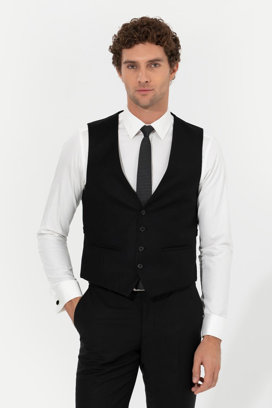 Siyah Slim Fit Yün Karışımlı Yelek - 50260062082
