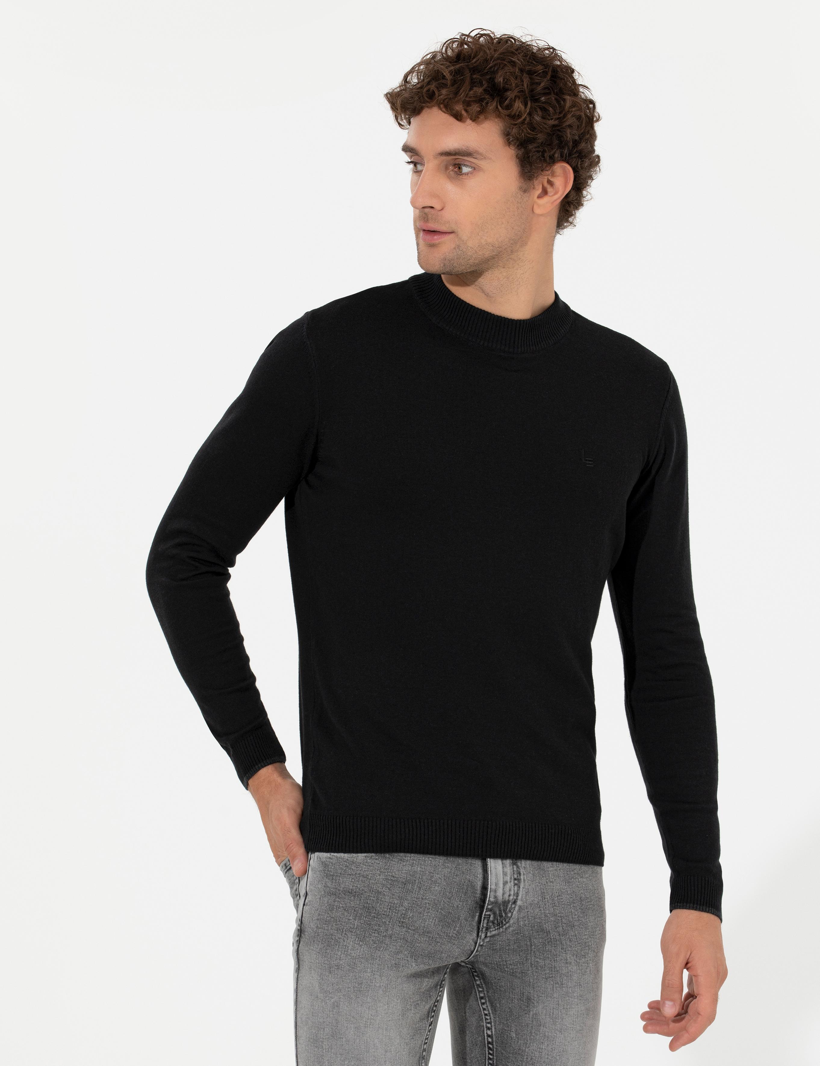 Siyah Slim Fit Çeyrek Balıkçı Basic Triko Kazak - 50259098014
