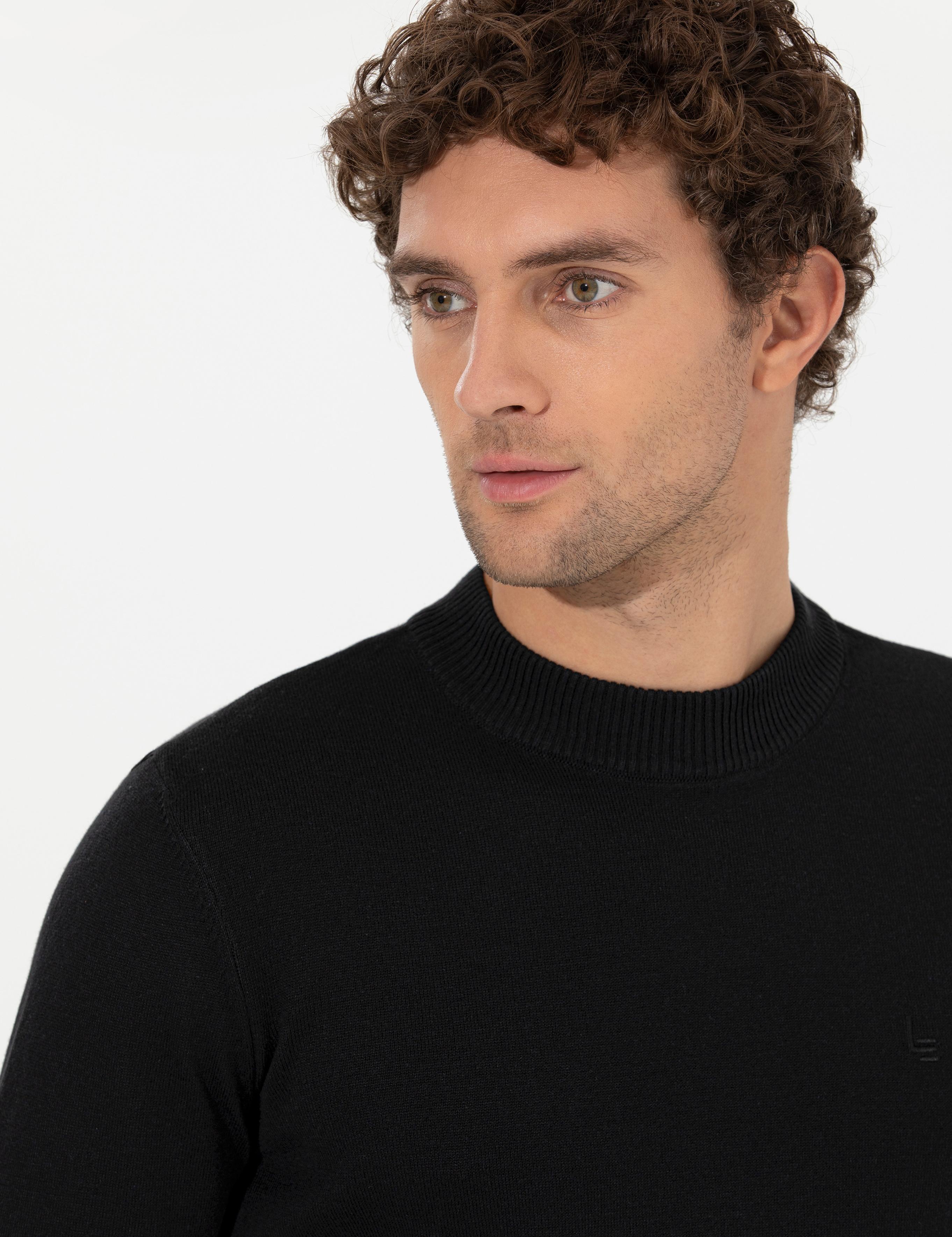 Siyah Slim Fit Çeyrek Balıkçı Basic Triko Kazak - 50259098014