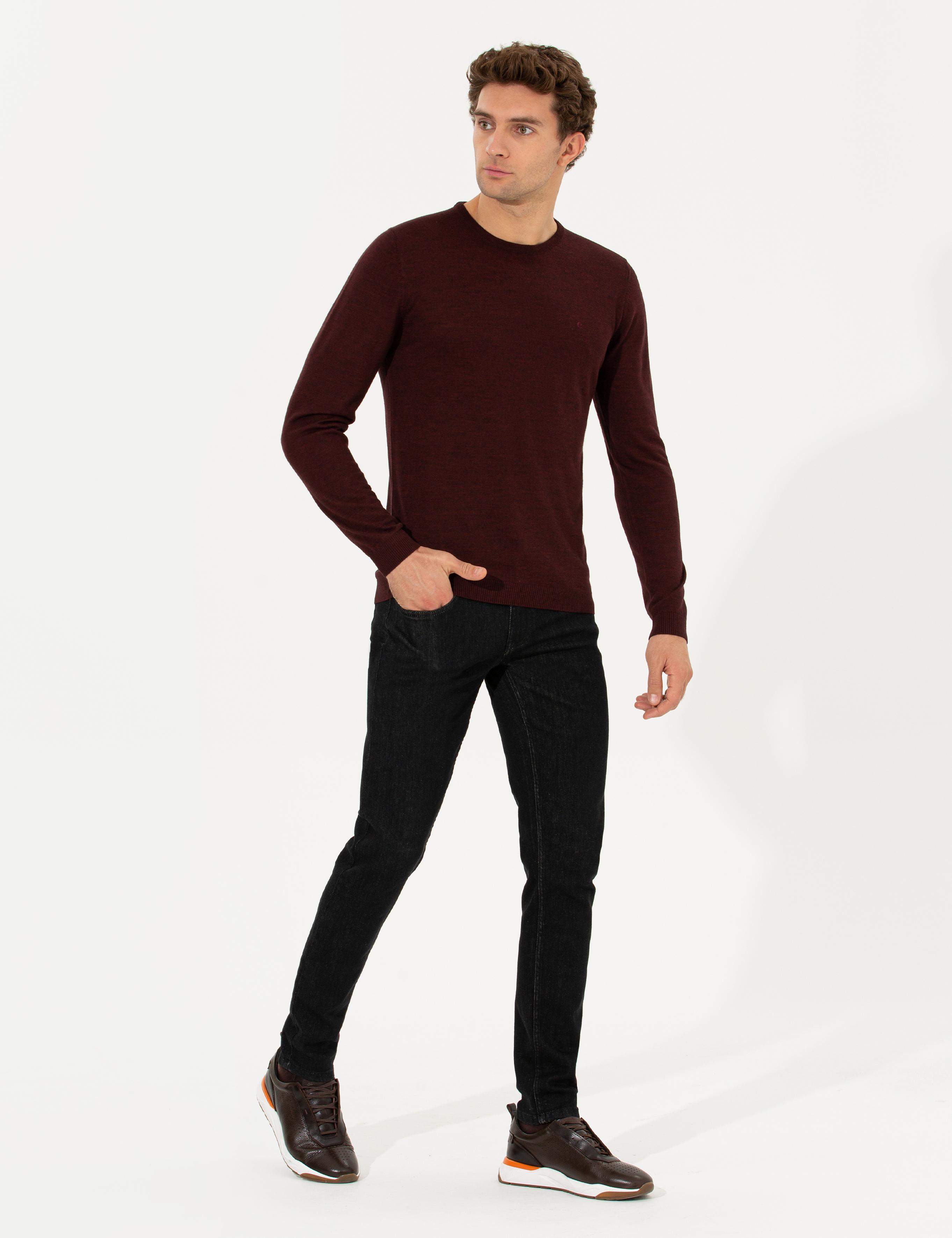 Bordo Slim Fit Bisiklet Yaka Basic Triko Kazak - 50211257011