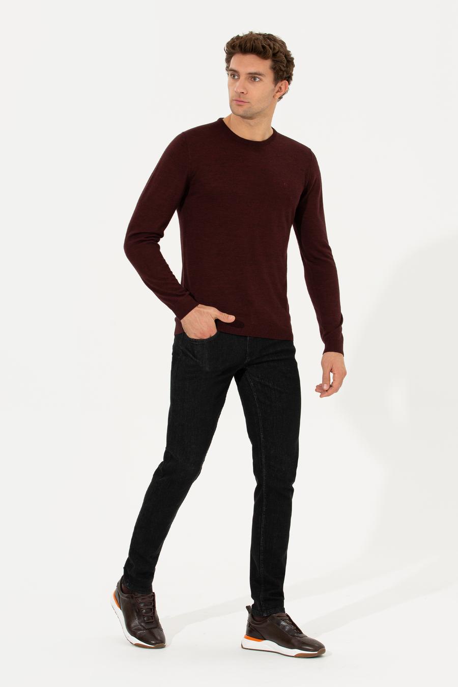 Bordo Slim Fit Bisiklet Yaka Basic Triko Kazak - 50211257011