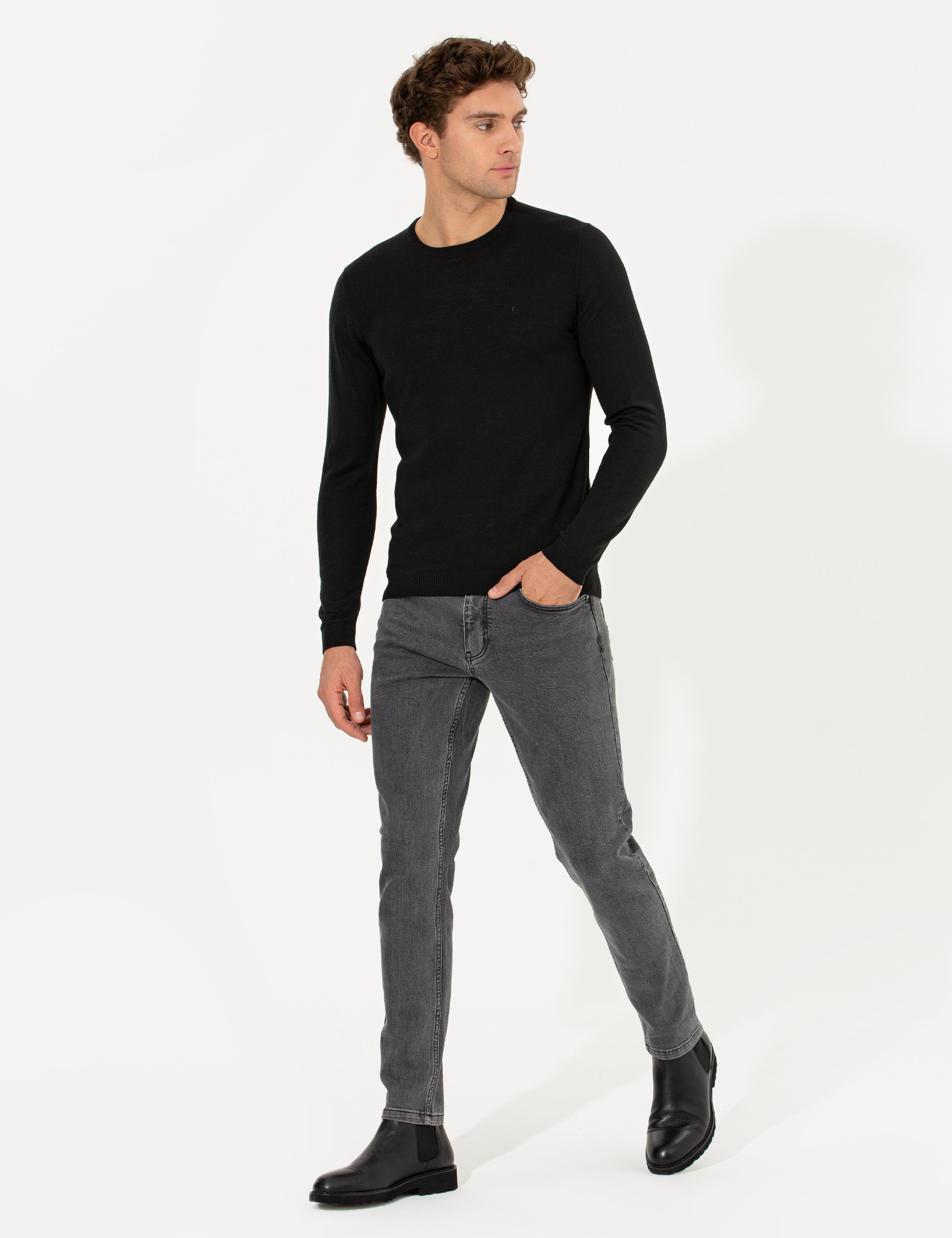 Siyah Slim Fit Bisiklet Yaka Basic Triko Kazak - 50211257068