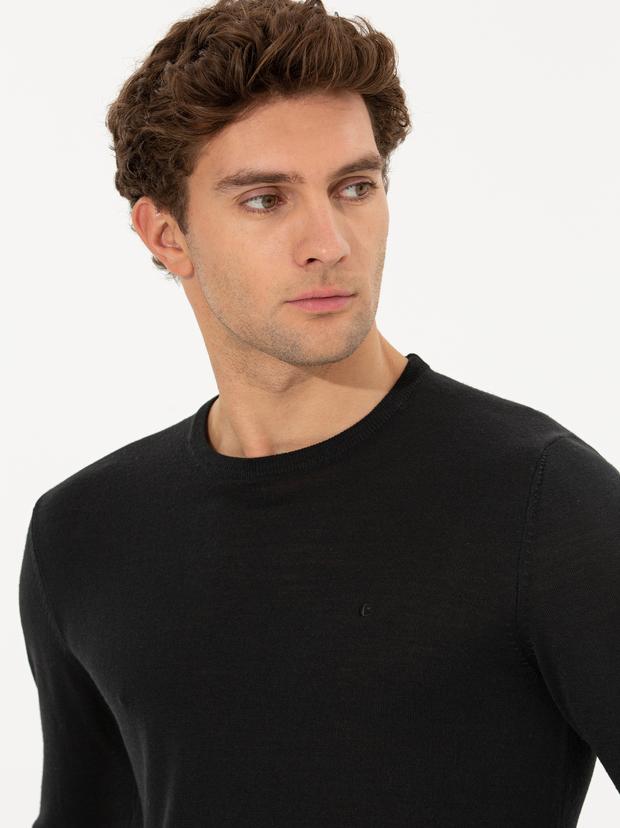 Siyah Slim Fit Bisiklet Yaka Basic Triko Kazak
