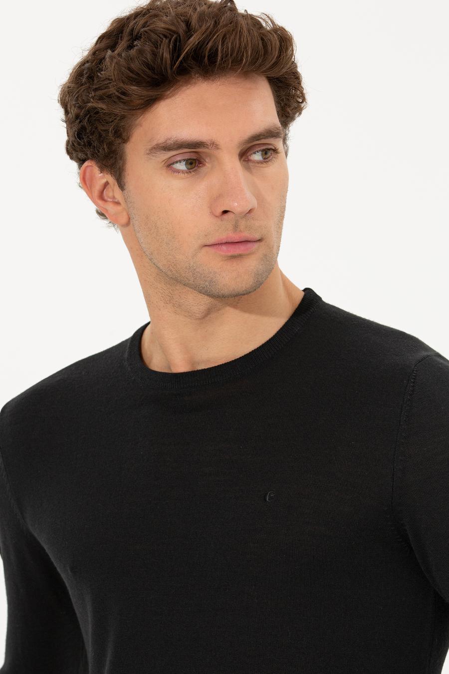 Siyah Slim Fit Bisiklet Yaka Basic Triko Kazak - 50211257068