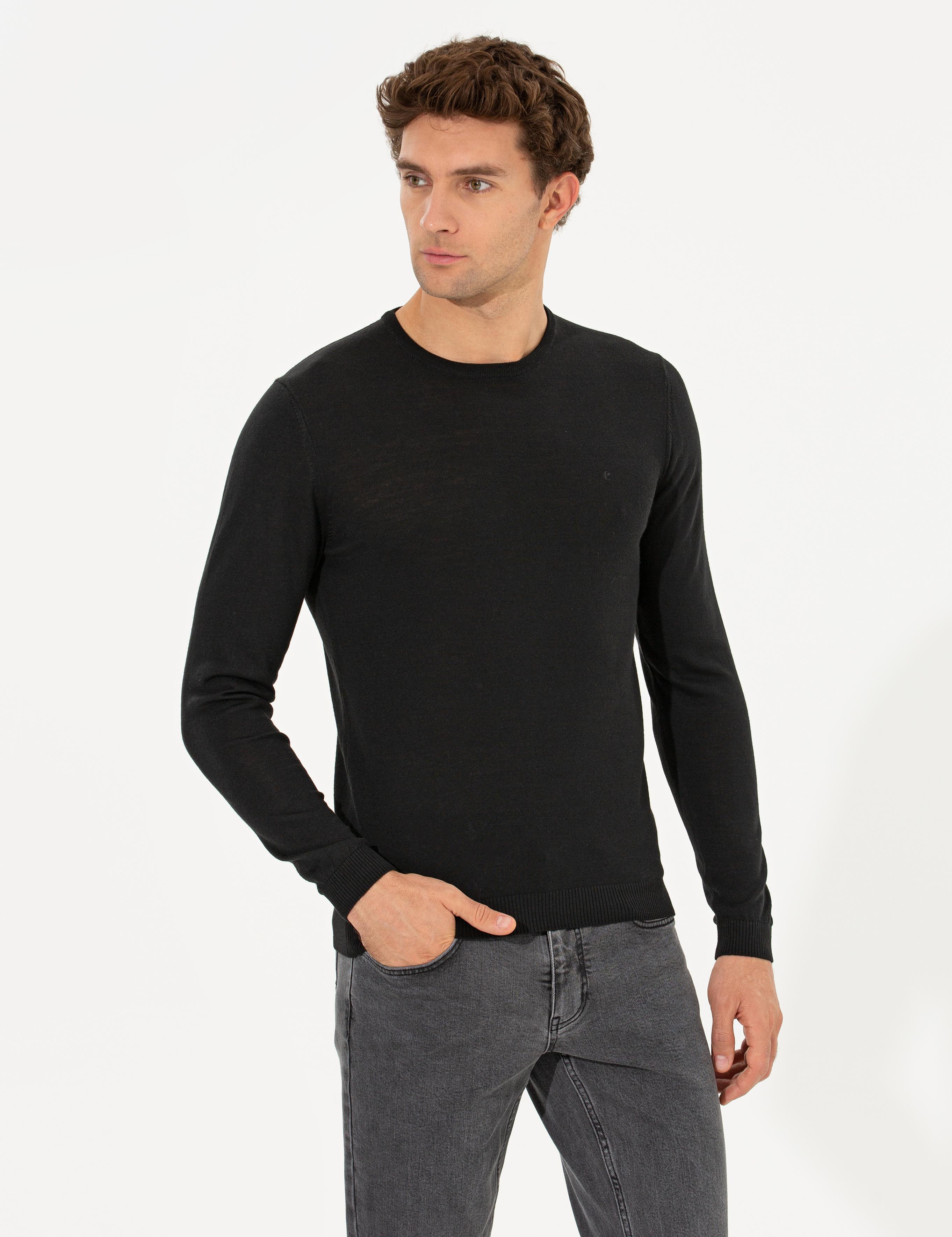 Siyah Slim Fit Bisiklet Yaka Basic Triko Kazak - 50211257068