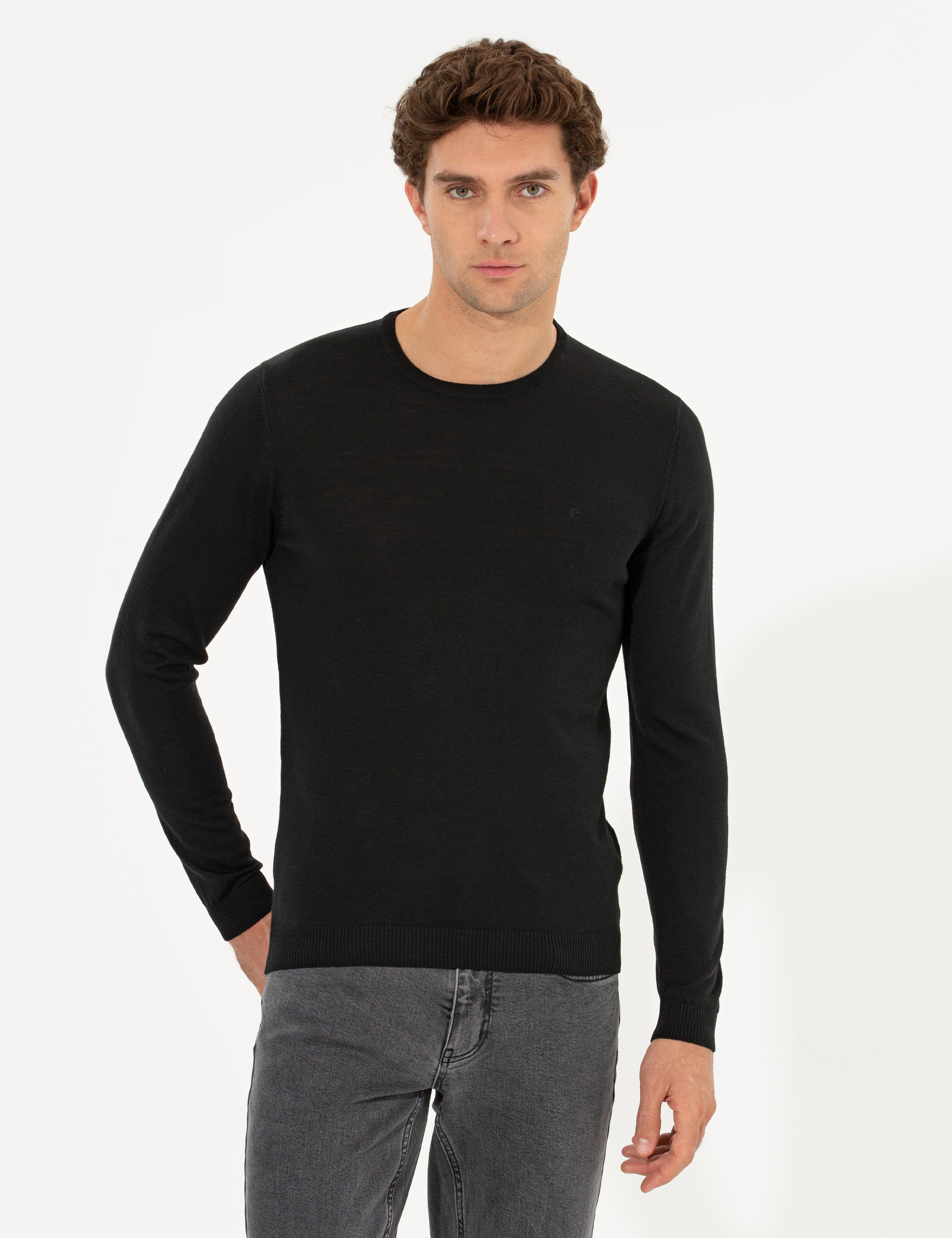 Siyah Slim Fit Bisiklet Yaka Basic Triko Kazak - 50211257068