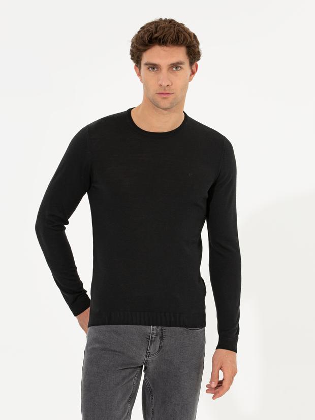 Siyah Slim Fit Bisiklet Yaka Basic Triko Kazak
