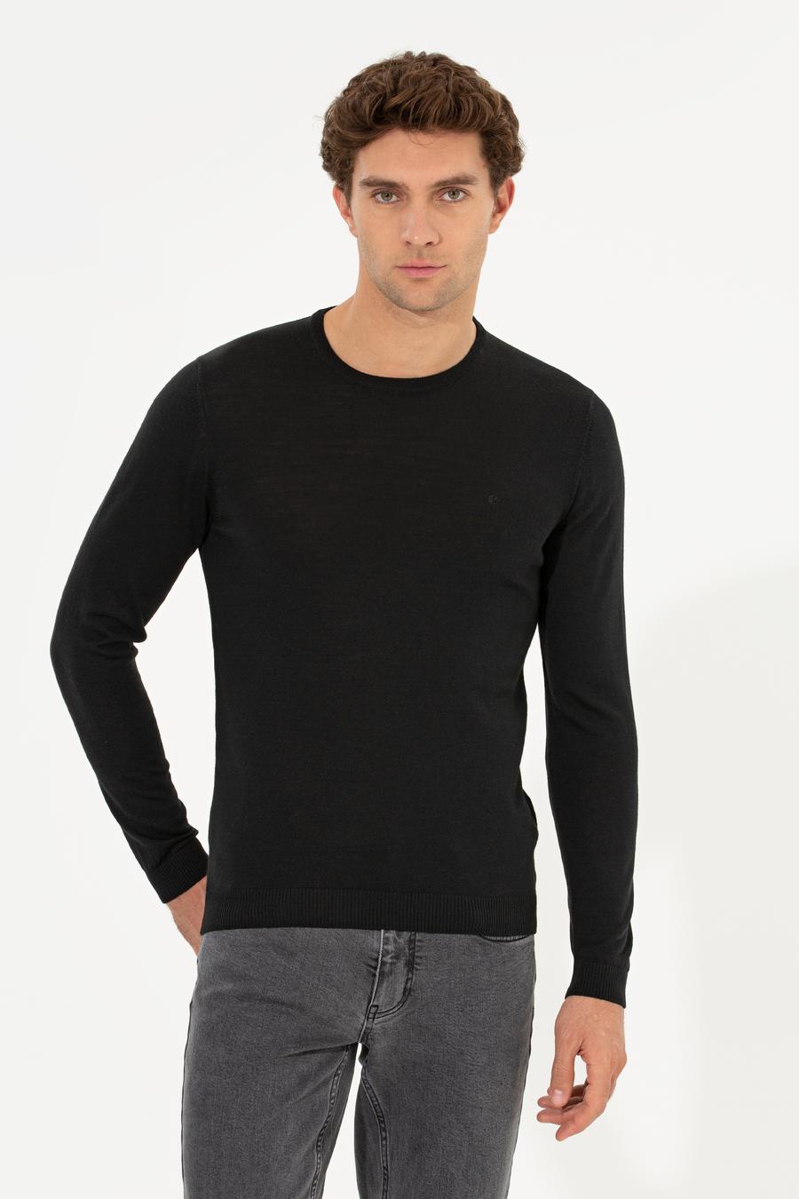 Siyah Slim Fit Bisiklet Yaka Basic Triko Kazak - 50211257068