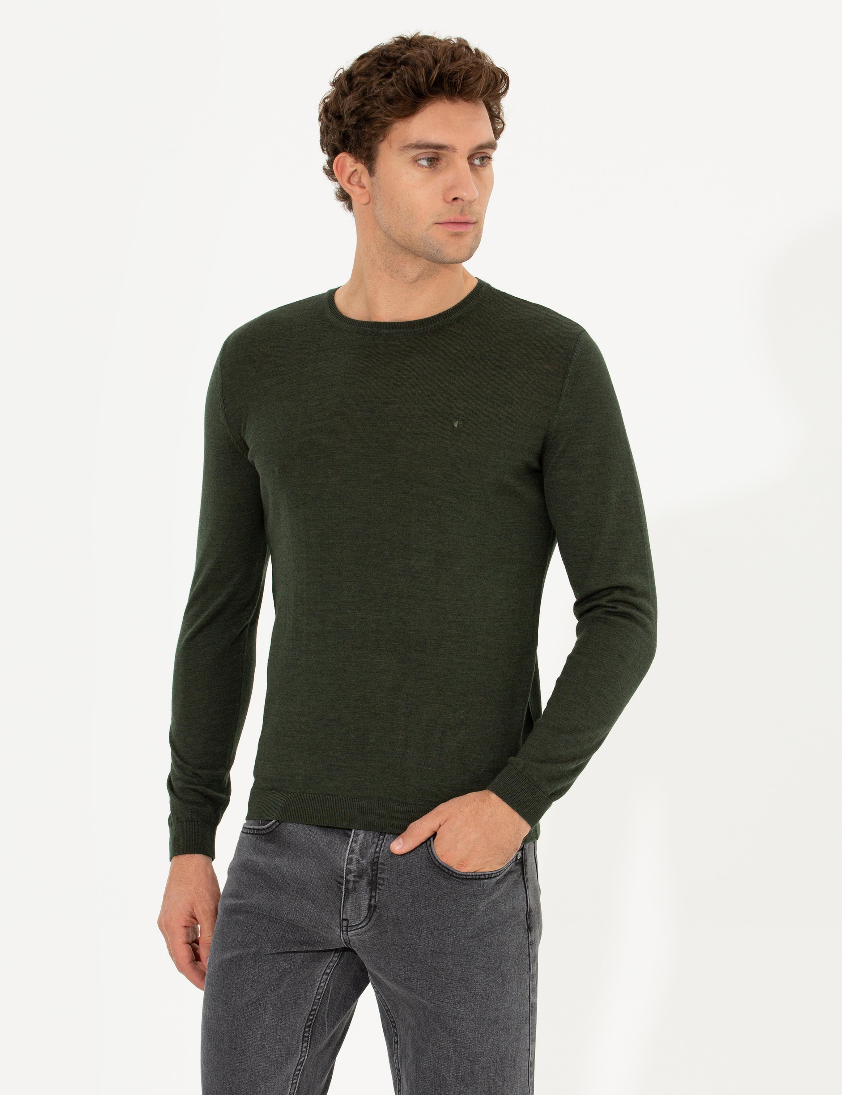 Haki Slim Fit Bisiklet Yaka Basic Triko Kazak - 50237038071