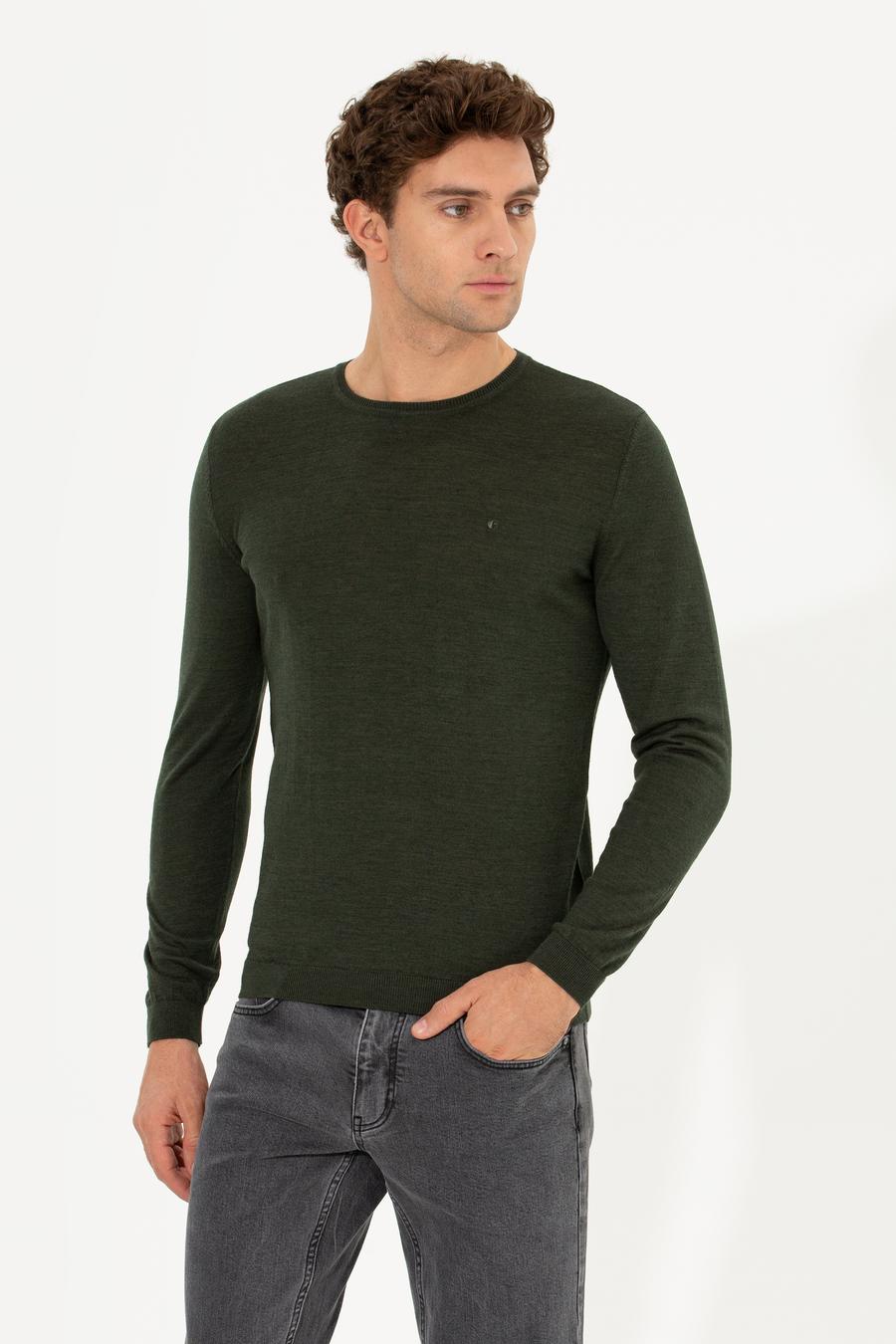 Haki Slim Fit Bisiklet Yaka Basic Triko Kazak - 50237038071