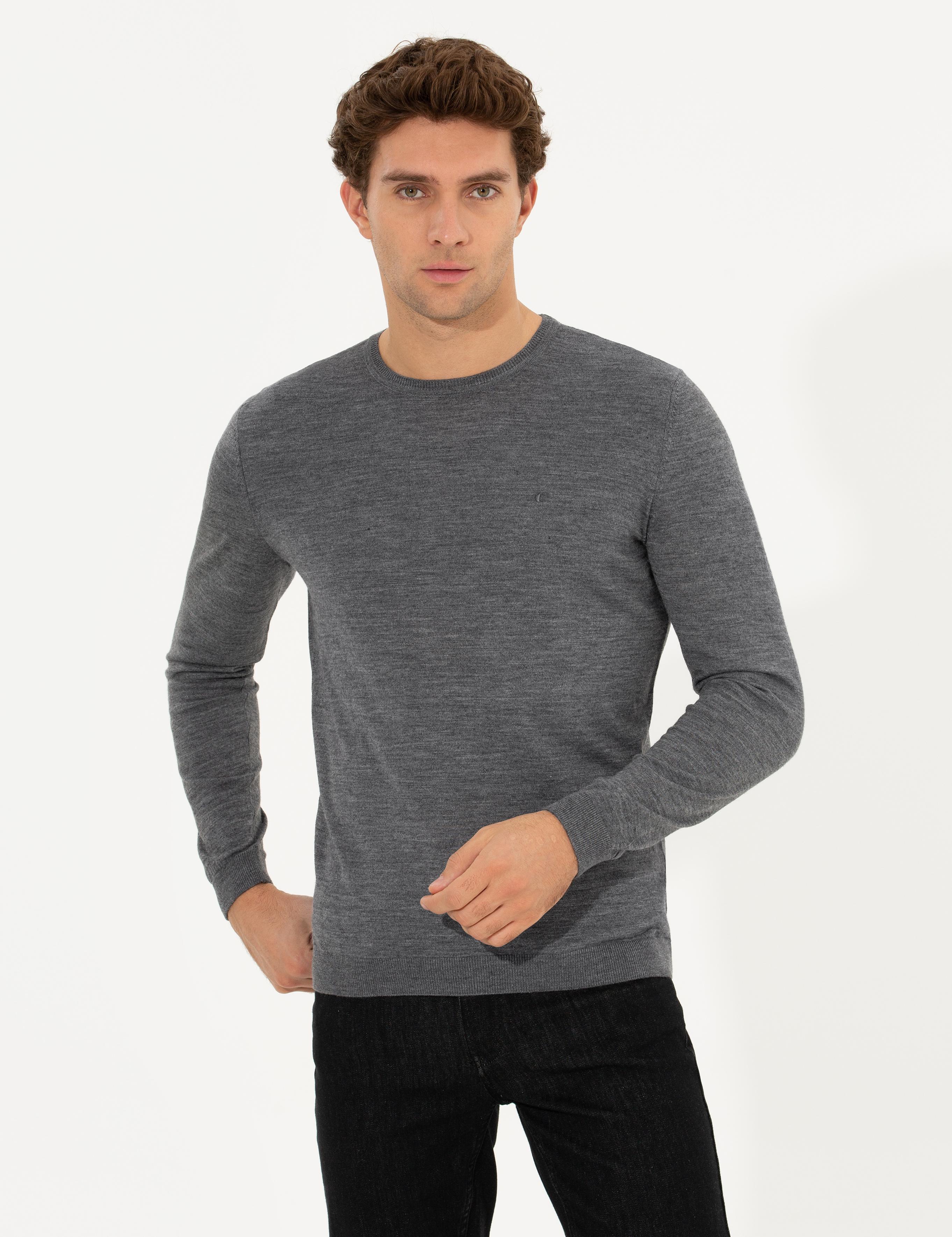 Antrasit Melanj Slim Fit Bisiklet Yaka Basic Triko Kazak - 50237038240