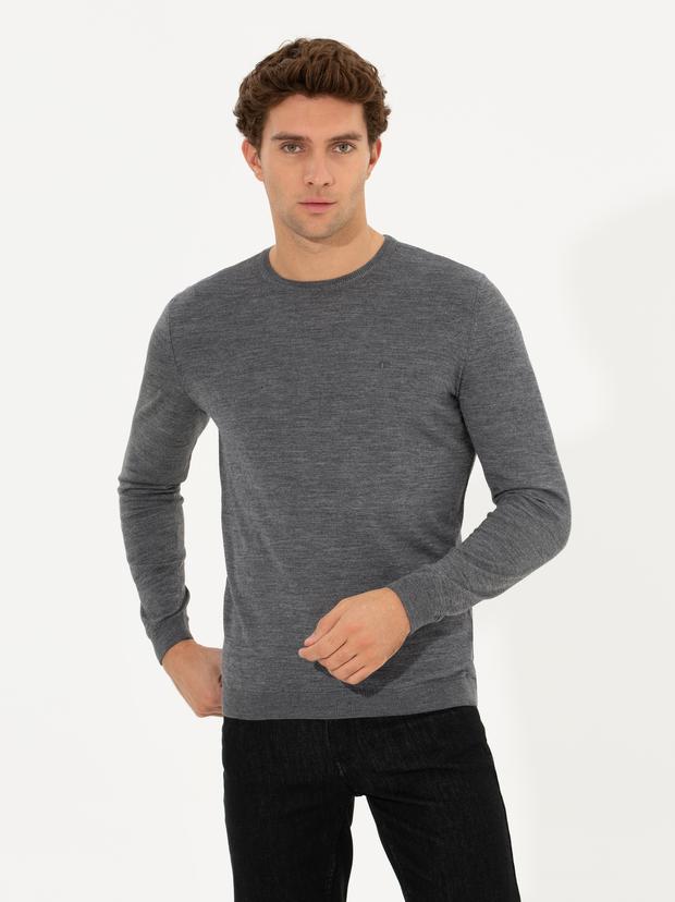 Antrasit Melanj Slim Fit Bisiklet Yaka Basic Triko Kazak