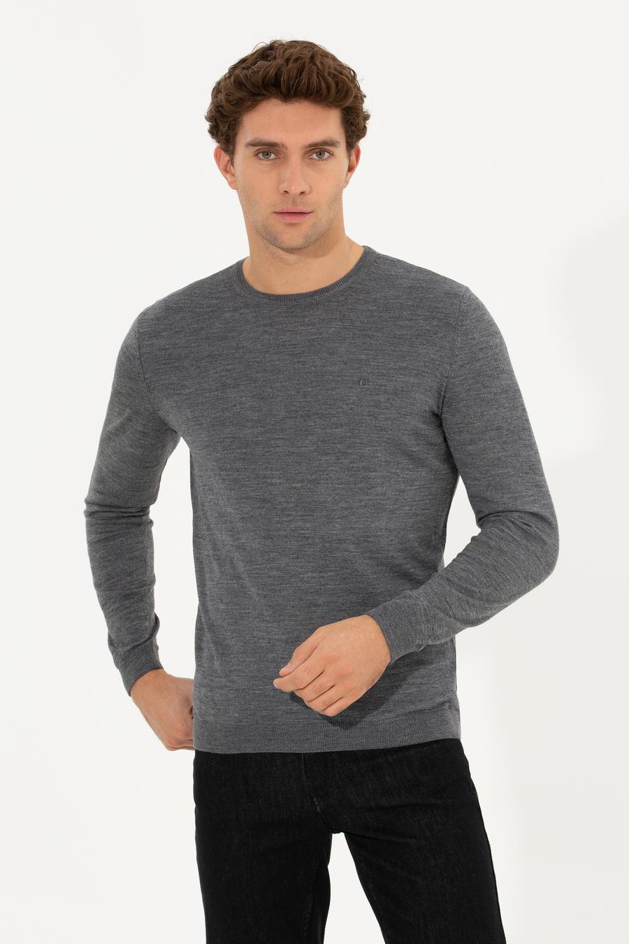 Antrasit Melanj Slim Fit Bisiklet Yaka Basic Triko Kazak - 50237038240