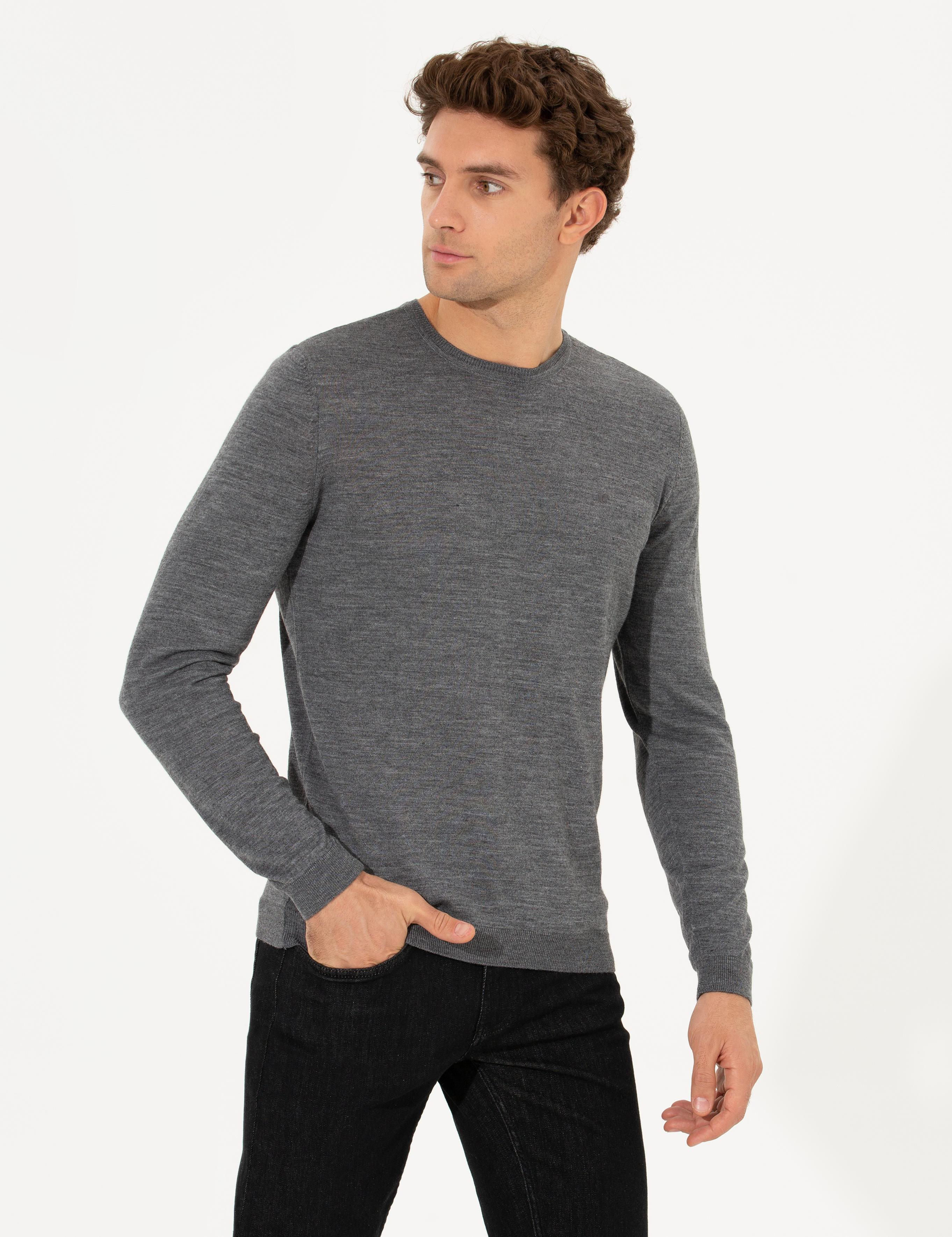Antrasit Melanj Slim Fit Bisiklet Yaka Basic Triko Kazak - 50237038240
