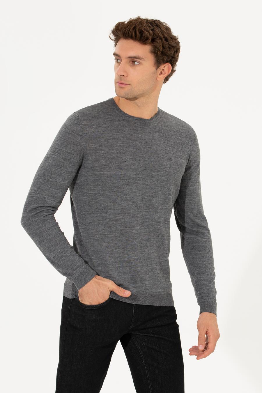 Antrasit Melanj Slim Fit Bisiklet Yaka Basic Triko Kazak - 50237038240